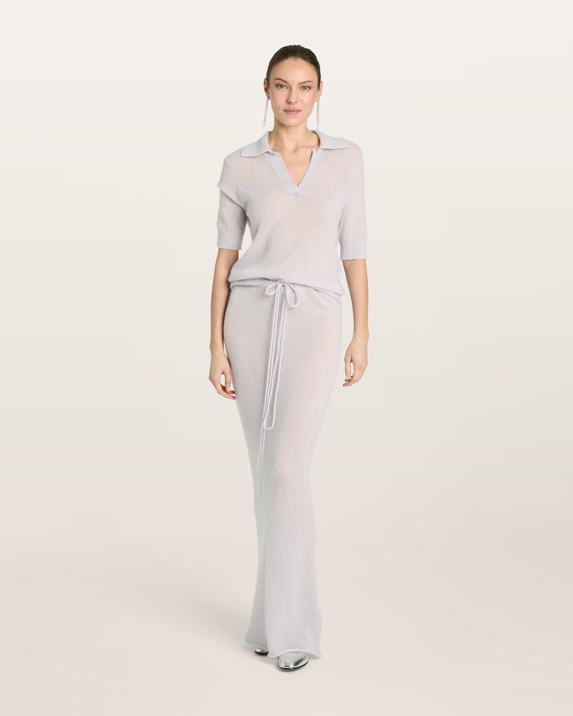 Damen Kurzarm-Pullover in bluish white (hellblau) aus Kaschmir-Seide – leichter luftiger Strick mit Polokragen, Halbarm und relaxter Passform