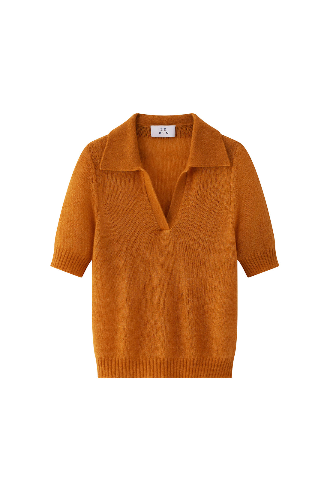 Damen Kurzarm-Pullover in dessert sun (ocker) aus Kaschmir-Seide – leichter luftiger Strick mit Polokragen, Halbarm und relaxter Passform