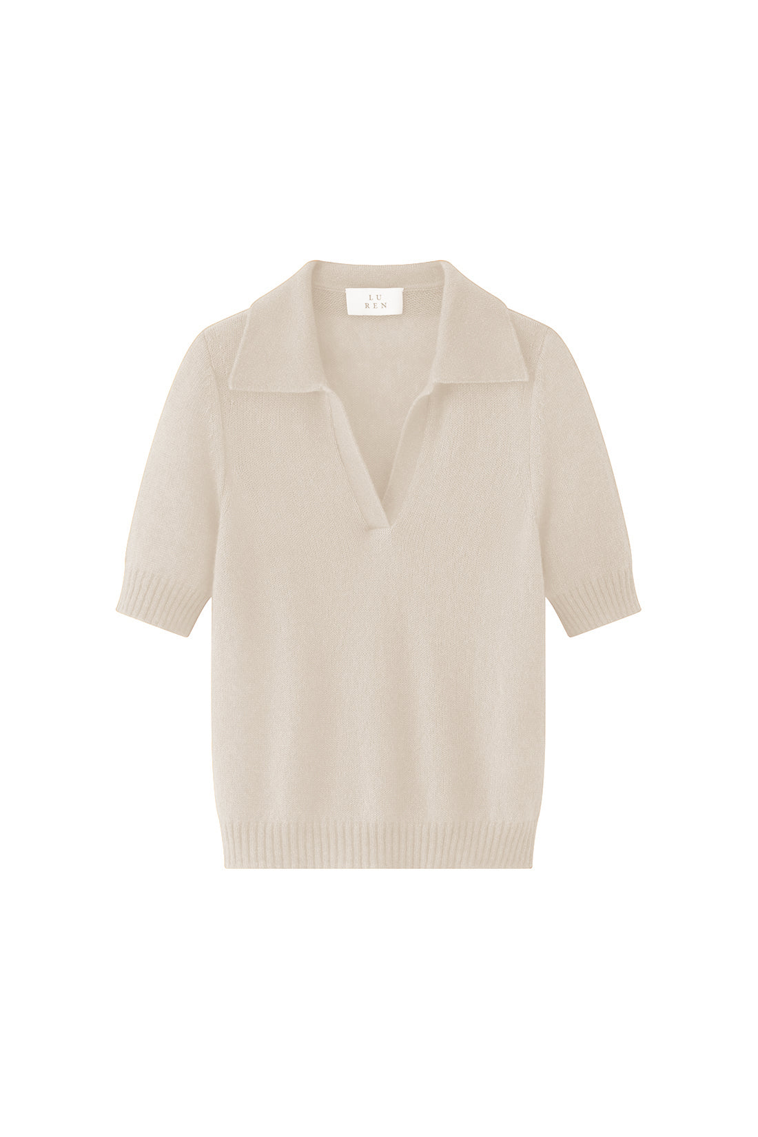 Damen Kurzarm-Pullover in lunar (cremeweiß) aus Kaschmir-Seide – leichter luftiger Strick mit Polokragen, Halbarm und relaxter Passform