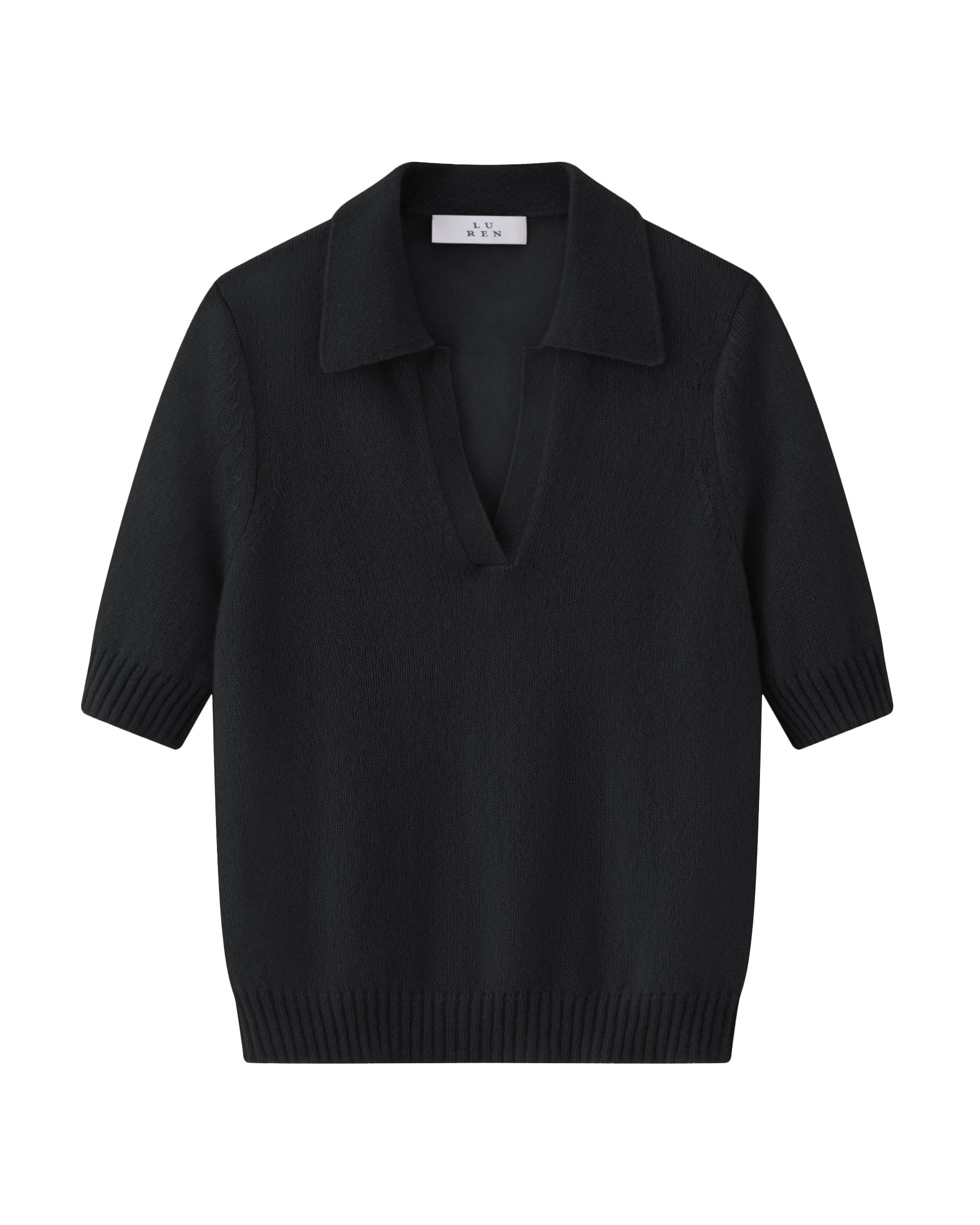 Damen Kurzarm-Pullover in black (schwarz) aus Kaschmir-Seide – leichter luftiger Strick mit Polokragen, Halbarm und relaxter Passform