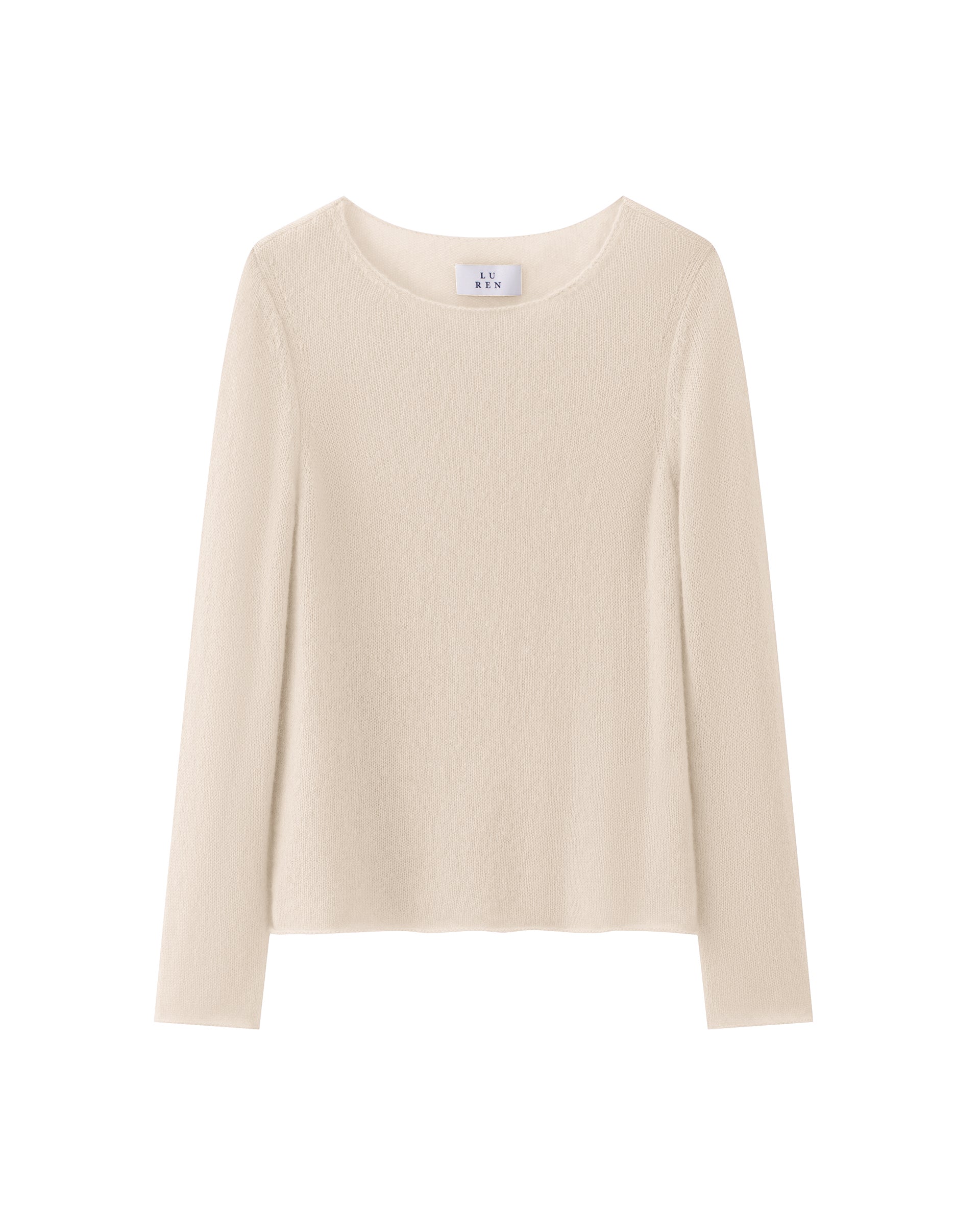 Damen Pullover in lunar (cremeweiß) aus Kaschmir-Seide – glatt und luftig gestrickt, mit großem Rundhalsausschnitt, langen schmalen Ärmeln und relaxter Passform