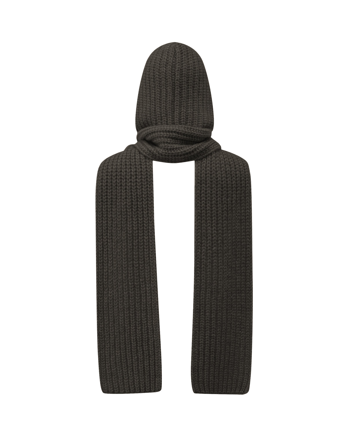 Damen Schal mit integrierter Mütze aus 75 % Kaschmir und 25 % Seide in Black Forest – vielseitiges Accessoire in grober Halbpatent-Strickstruktur. Das Modell vereint Mütze und Schal in einem und bietet durch die weiche Kaschmir-Seiden-Qualität angenehme Wärme sowie einen modernen, funktionalen Look.