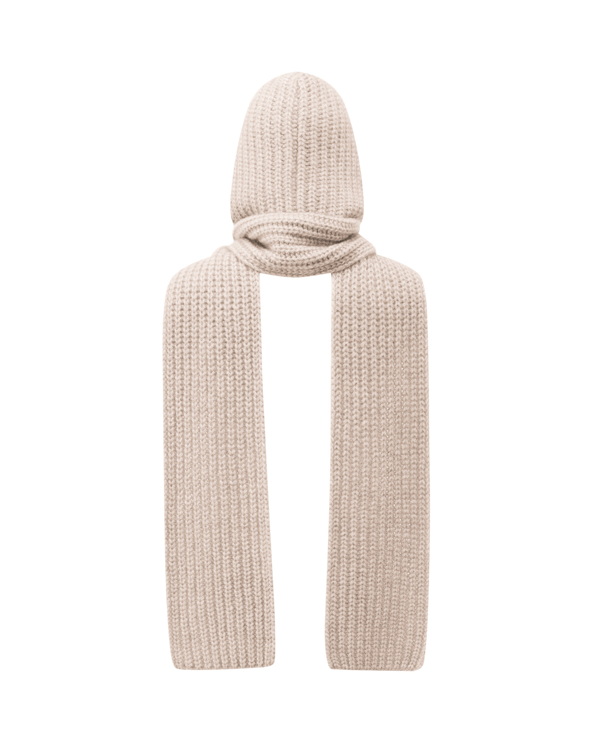 Damen Schal mit integrierter Mütze aus 75 % Kaschmir und 25 % Seide in Wheat – vielseitiges Accessoire in grober Halbpatent-Strickstruktur. Das Modell vereint Mütze und Schal in einem und bietet durch die weiche Kaschmir-Seiden-Qualität angenehme Wärme sowie einen modernen, funktionalen Look.