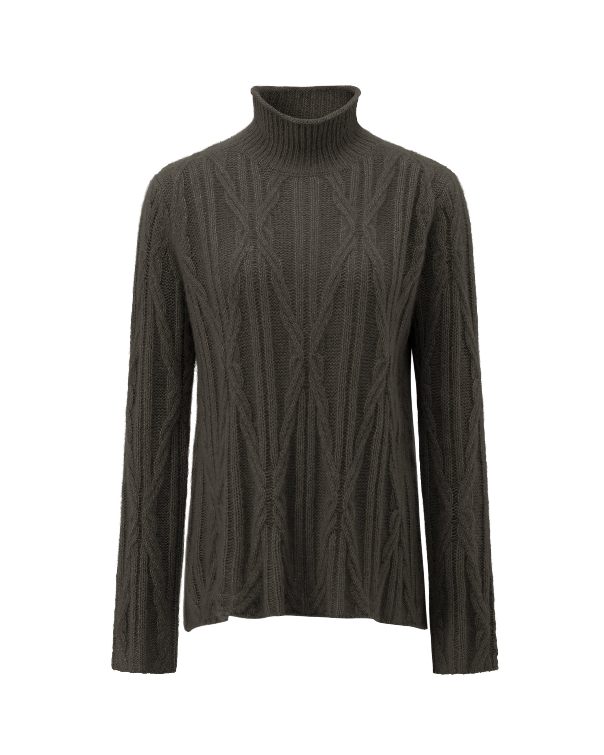 Damen Pullover aus 75 % Kaschmir und 25 % Seide in Black Forest – Pullover mit Zopfmuster in mittelschwerer Strickqualität und figurbetonter A-Linien-Passform, schmalem, hohem Kragen in Rippstruktur mit Rollkante sowie langen, relaxten Ärmeln. Das Modell verbindet markante Strickdetails mit einer femininen, leicht ausgestellten Silhouette.