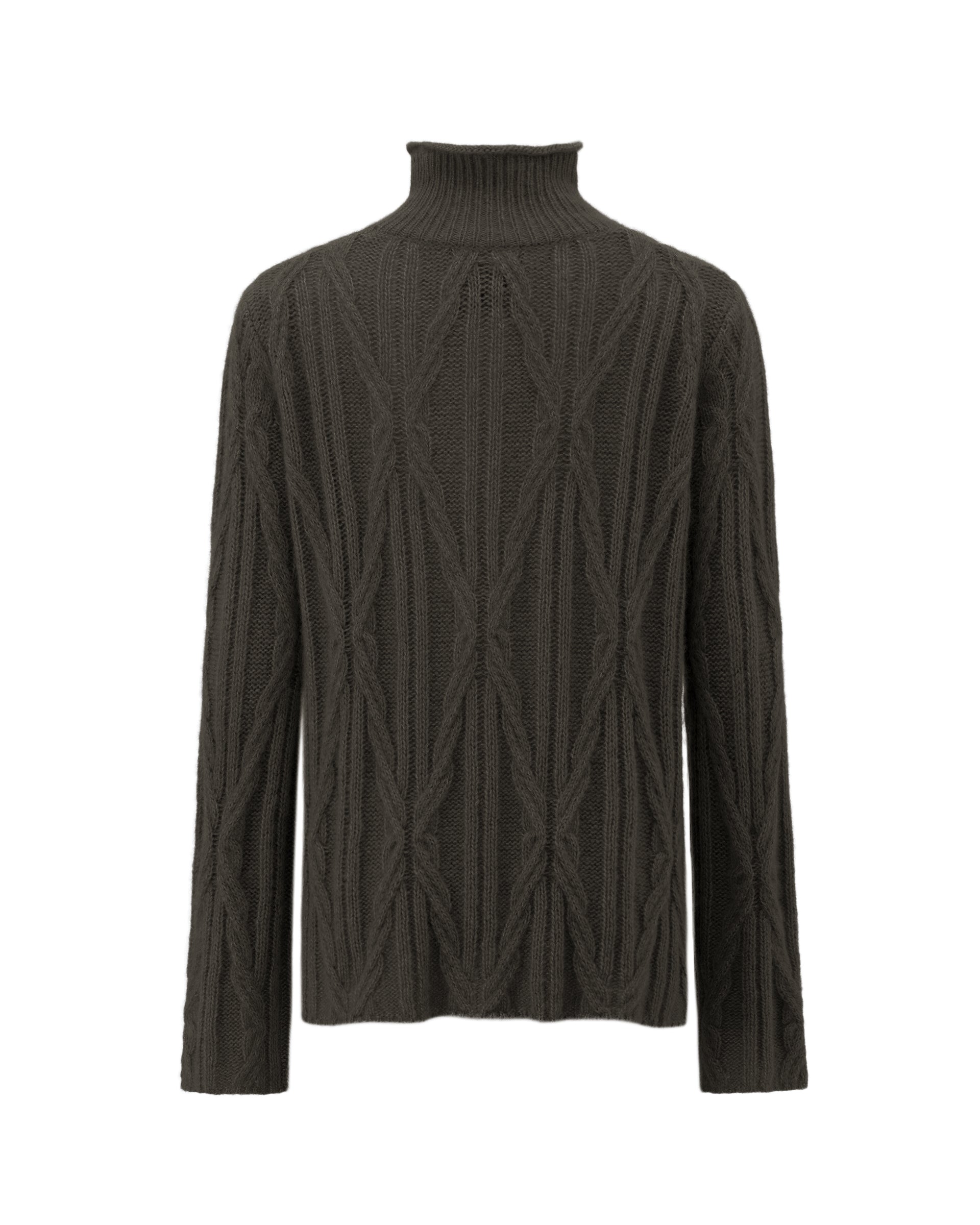 Damen Pullover aus 75 % Kaschmir und 25 % Seide in Black Forest – Pullover mit Zopfmuster in mittelschwerer Strickqualität und figurbetonter A-Linien-Passform, schmalem, hohem Kragen in Rippstruktur mit Rollkante sowie langen, relaxten Ärmeln. Das Modell verbindet markante Strickdetails mit einer femininen, leicht ausgestellten Silhouette.