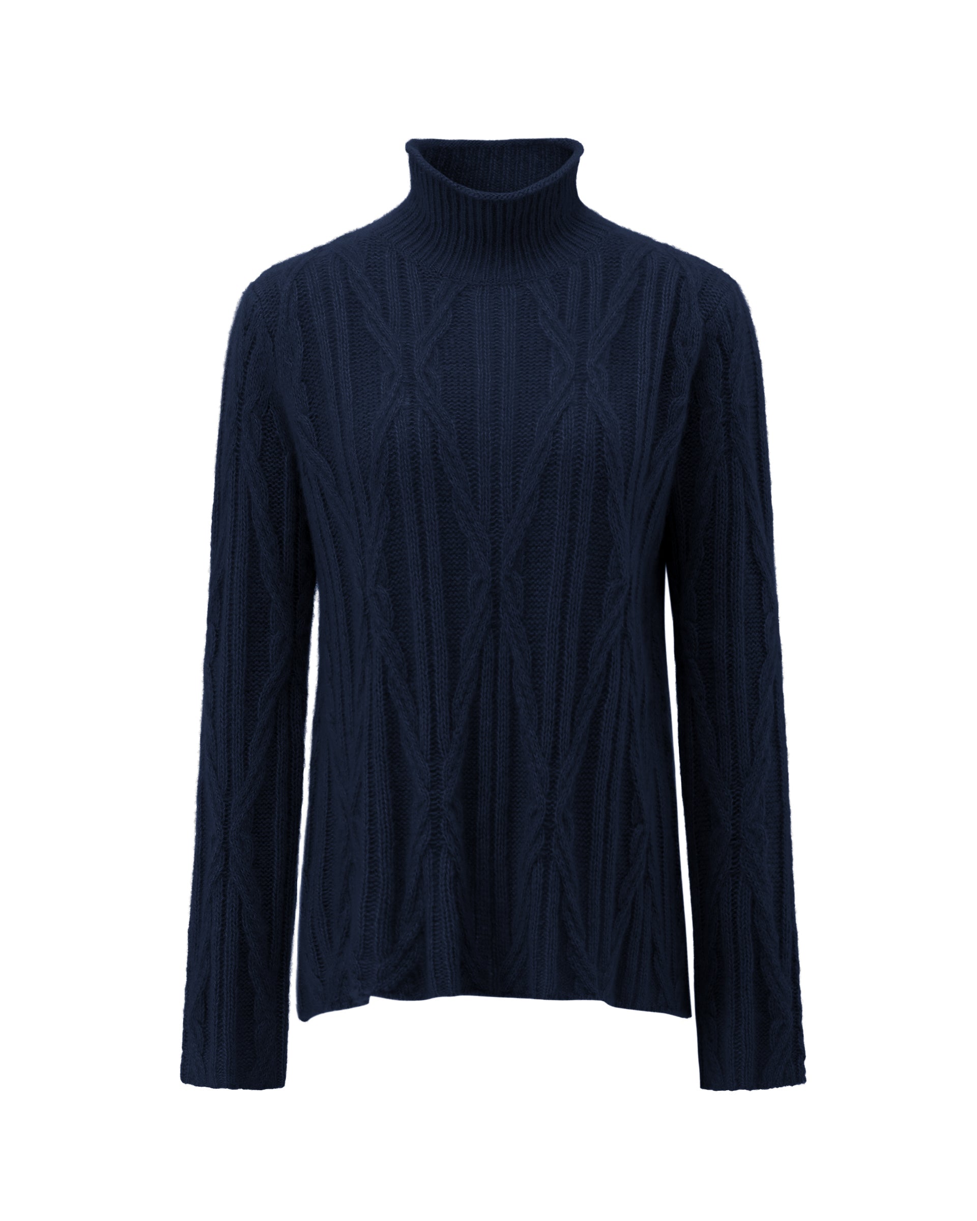 Damen Pullover aus 75 % Kaschmir und 25 % Seide in French Navy – Pullover mit Zopfmuster in mittelschwerer Strickqualität und figurbetonter A-Linien-Passform, schmalem, hohem Kragen in Rippstruktur mit Rollkante sowie langen, relaxten Ärmeln. Das Modell verbindet markante Strickdetails mit einer femininen, leicht ausgestellten Silhouette.