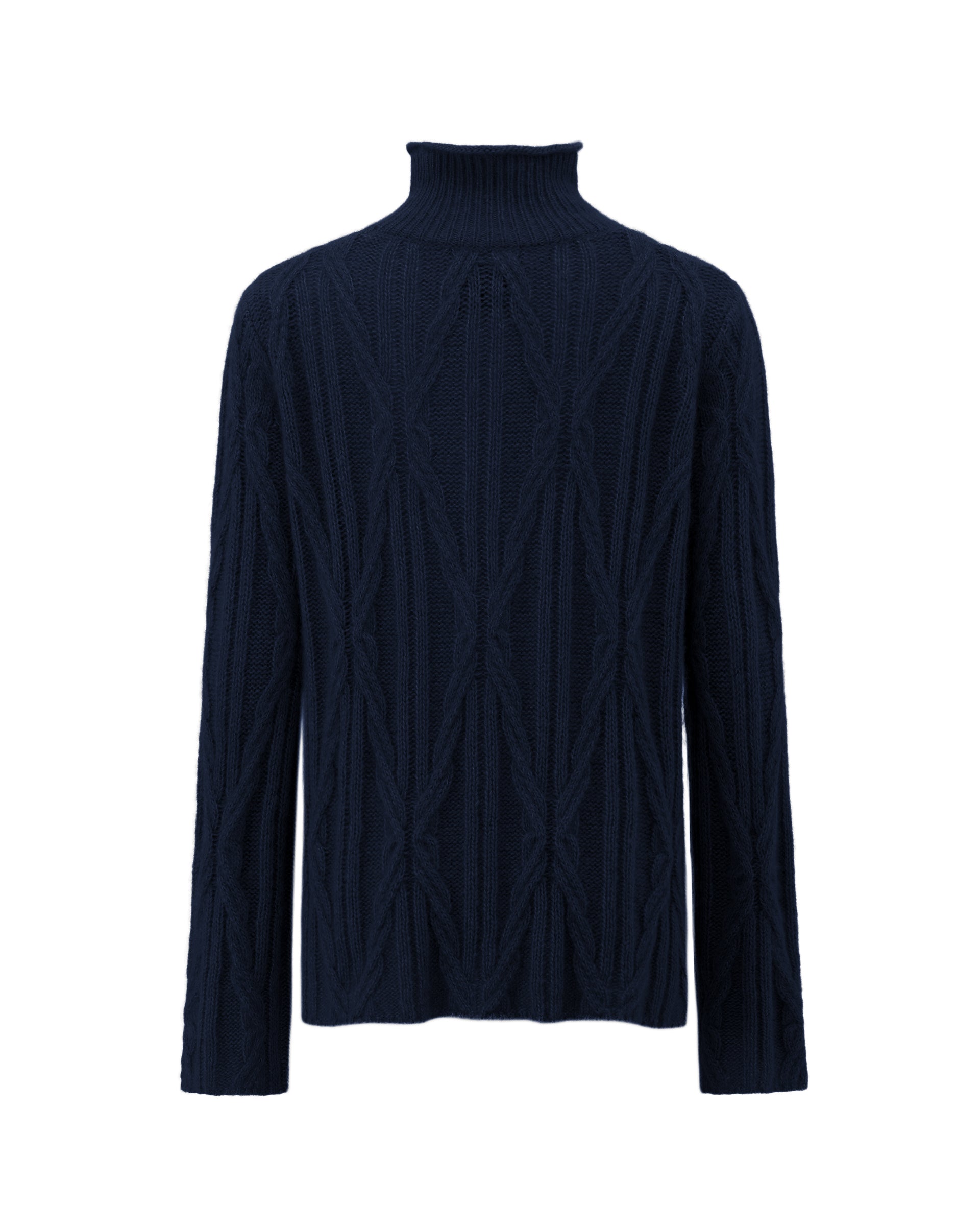 Damen Pullover aus 75 % Kaschmir und 25 % Seide in French Navy – Pullover mit Zopfmuster in mittelschwerer Strickqualität und figurbetonter A-Linien-Passform, schmalem, hohem Kragen in Rippstruktur mit Rollkante sowie langen, relaxten Ärmeln. Das Modell verbindet markante Strickdetails mit einer femininen, leicht ausgestellten Silhouette.