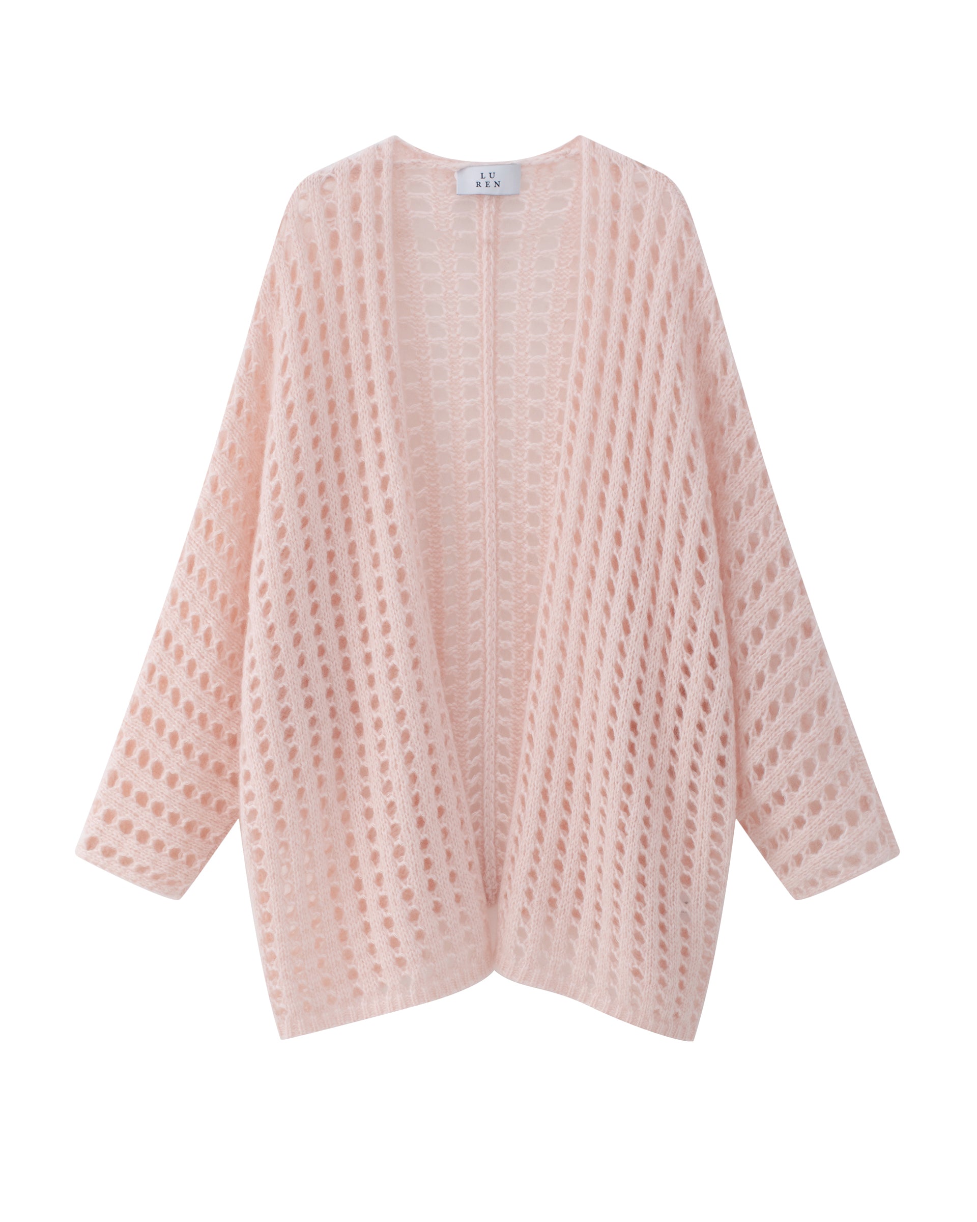 Damen Cardigan in cherry blossom (rosa) aus Kaschmir-Seide – grob gestrickt mit Lochmuster, oversized Passform und langen, weiten Ärmeln