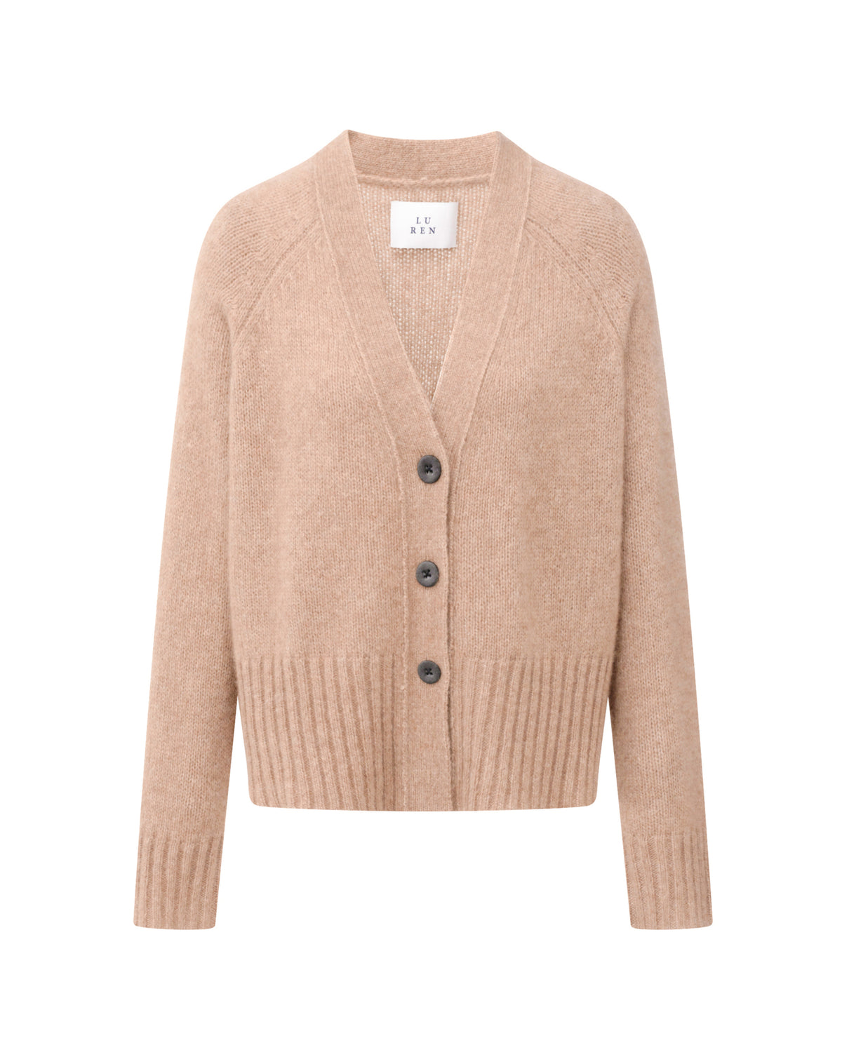 Damen Cardigan aus 75 % Kaschmir und 25 % Seide in Rose Beige – glatt gestrickter Cardigan in mittelschwerer Qualität mit oversized Form in breiter, kurzer Silhouette. Das Modell verfügt über Raglanärmel, lange, relaxte Ärmel sowie Knöpfe aus waschbarem Leder. Saum und Ärmelbündchen sind in Rippstruktur gearbeitet und verleihen dem Cardigan einen modernen, lässigen Look.