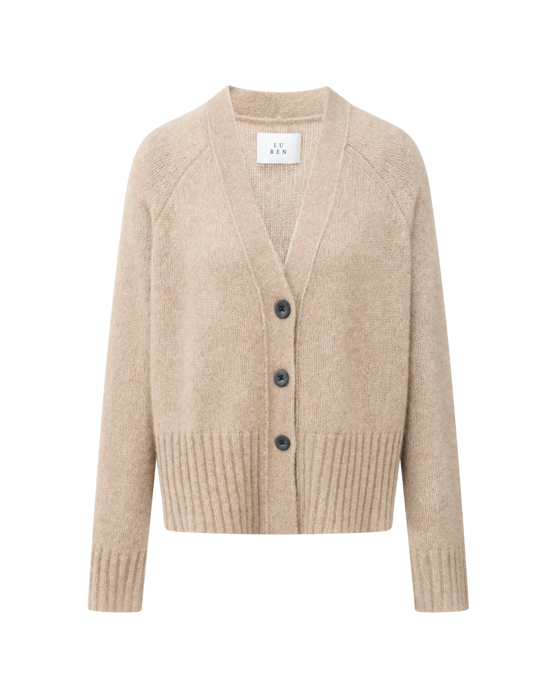 Damen Cardigan in colocolo (creme) aus Kaschmir-Seide – mittelschwerer, glatt gestrickter Stoff, oversized kurze Form, Raglanärmel, lange relaxte Ärmel, Rippbündchen an Saum und Ärmeln sowie Knöpfe aus waschbarem Leder.