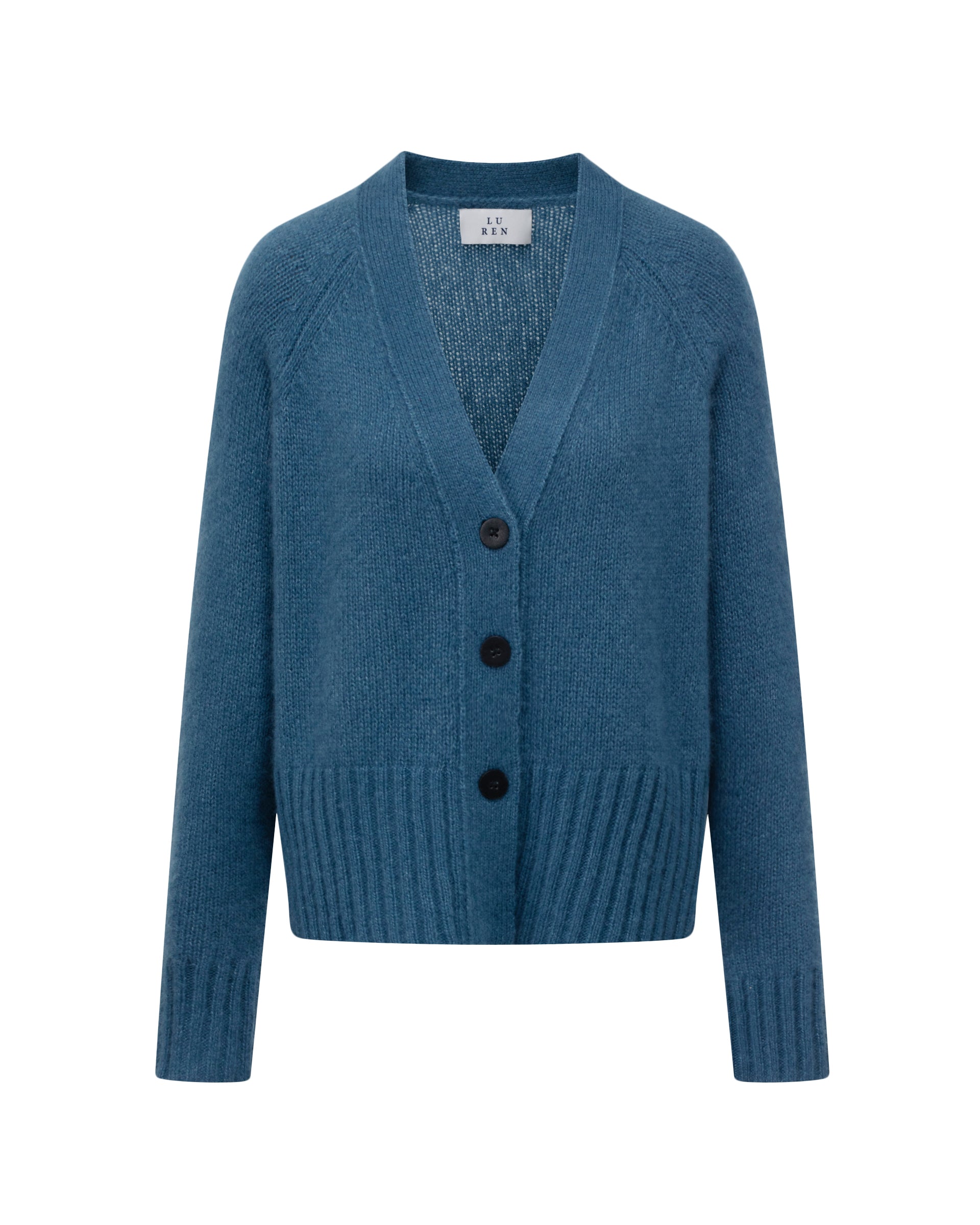 Damen Cardigan in cristal tal (blau) aus Kaschmir-Seide – mittelschwerer, glatt gestrickter Stoff, oversized kurze Form, Raglanärmel, lange relaxte Ärmel, Rippbündchen an Saum und Ärmeln sowie Knöpfe aus waschbarem Leder.