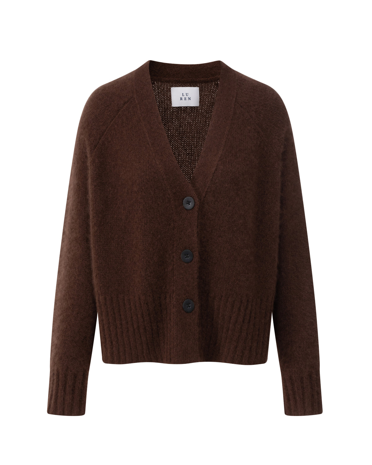 Damen Cardigan in espresso (braun) aus Kaschmir-Seide – mittelschwerer, glatt gestrickter Stoff, oversized kurze Form, Raglanärmel, lange relaxte Ärmel, Rippbündchen an Saum und Ärmeln sowie Knöpfe aus waschbarem Leder.