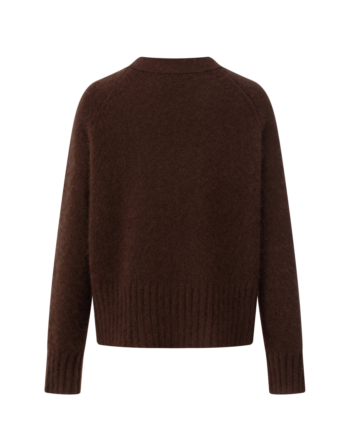 Damen Cardigan in espresso (braun) aus Kaschmir-Seide – mittelschwerer, glatt gestrickter Stoff, oversized kurze Form, Raglanärmel, lange relaxte Ärmel, Rippbündchen an Saum und Ärmeln sowie Knöpfe aus waschbarem Leder.