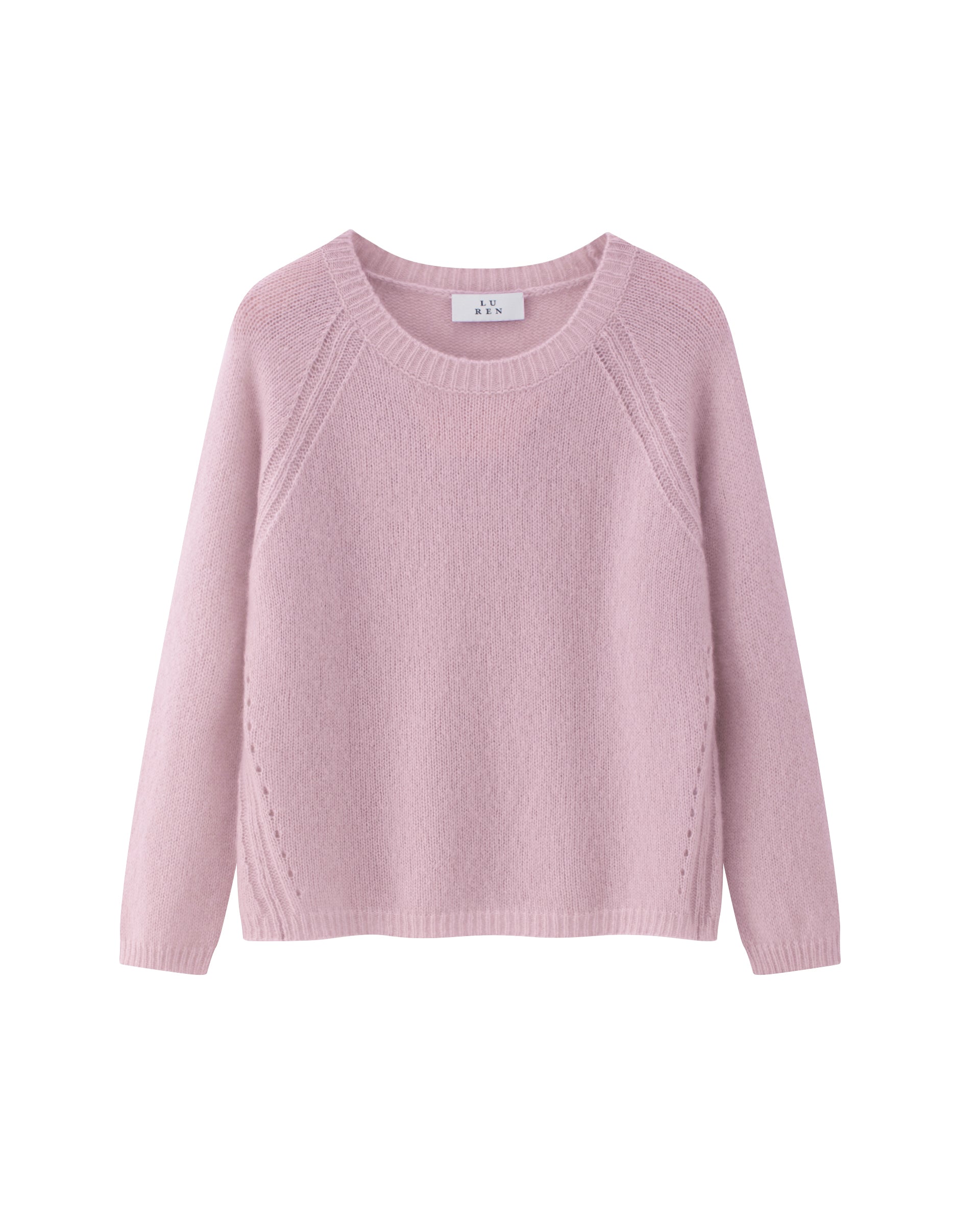 Damen Pullover in Light Raspberry (rosa) aus Kaschmir-Seide – leicht gestrickter Rundhalspullover mit relaxter Passform und langen, schmalen Ärmeln