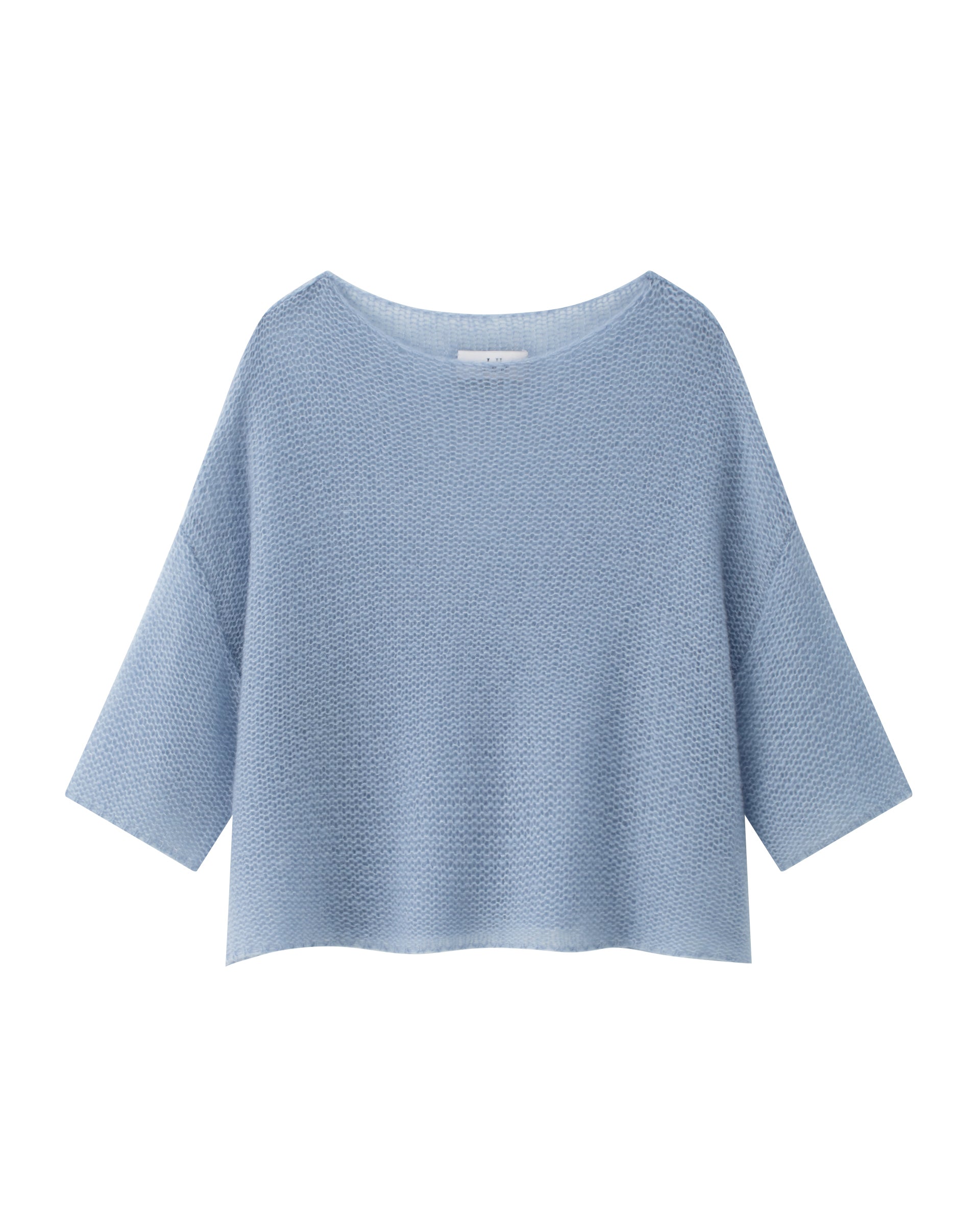 Damen Kurzarm Pullover in sky blue (hellblau) aus 75% Kaschmir, 25% Seide auf Links gestrickt, Leichte luftige
Oversized Passform.