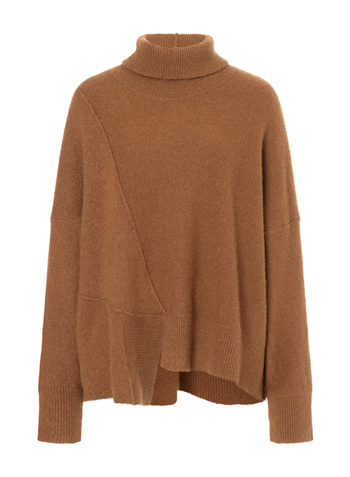 Damen Pullover aus 80% Kaschmir, 18% Polyamid, 2% Elastan in Chocolate Cremoso – Locker fallender Pullover aus Feinstrick mit asymmetrischem Schnitt, überschrittenen Schultern, Rollkragen und langen, schmalen Ärmeln mit Rippstruktur-Ärmelbündchen.