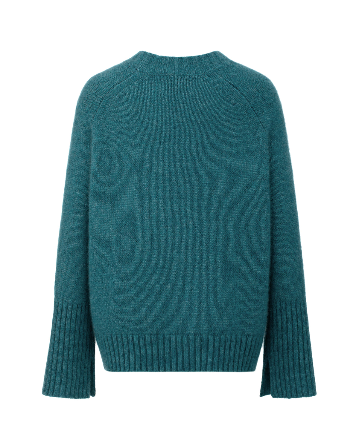 Damen Pullover aus 75 % Kaschmir und 25 % Seide in Dark Lake – glatt gestrickter Pullover in mittelschwerer Qualität mit kastiger, lockerer Passform, Rundhalsausschnitt mit Kragen in Rippstruktur, Raglanärmeln sowie langen, geraden Ärmeln mit Schlitz am Bündchen. Ärmelbündchen und Saum sind in Rippstruktur gearbeitet und verleihen dem Modell einen modernen, entspannten Look.