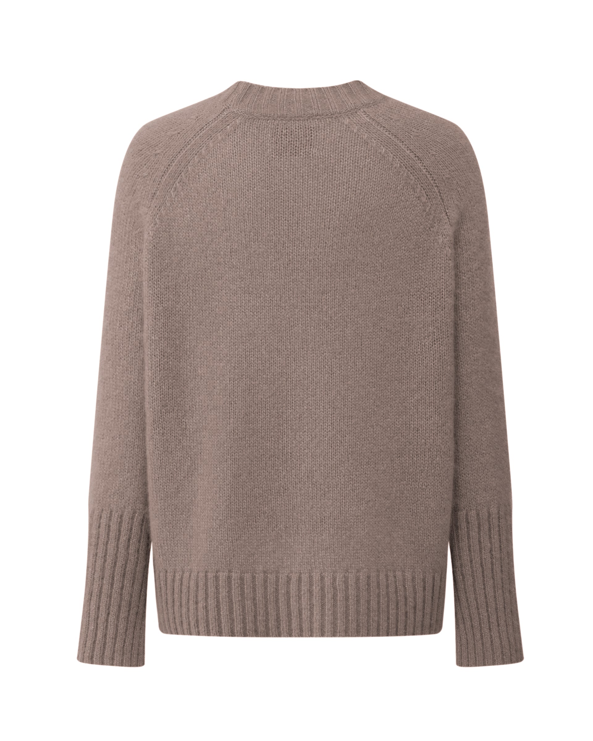 Damen Pullover aus 75 % Kaschmir und 25 % Seide in Natural Twine – glatt gestrickter Pullover in mittelschwerer Qualität mit kastiger, lockerer Passform, Rundhalsausschnitt mit Kragen in Rippstruktur, Raglanärmeln sowie langen, geraden Ärmeln mit Schlitz am Bündchen. Ärmelbündchen und Saum sind in Rippstruktur gearbeitet und verleihen dem Modell einen modernen, entspannten Look.
