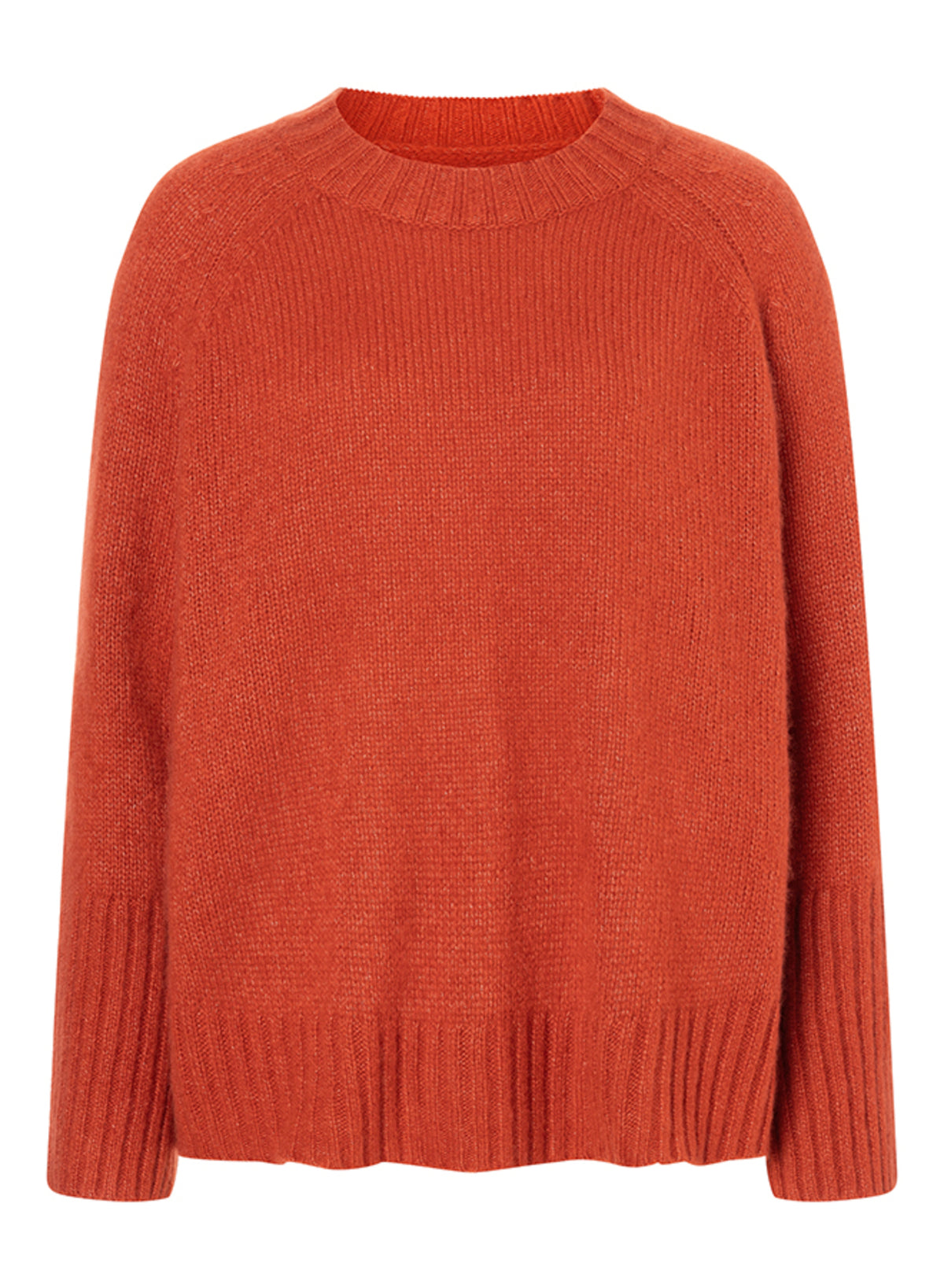 Damen Pullover aus 75 % Kaschmir und 25 % Seide in Vermillion – glatt gestrickter Pullover in mittelschwerer Qualität mit kastiger, lockerer Passform, Rundhalsausschnitt mit Kragen in Rippstruktur, Raglanärmeln sowie langen, geraden Ärmeln mit Schlitz am Bündchen. Ärmelbündchen und Saum sind in Rippstruktur gearbeitet und verleihen dem Modell einen modernen, entspannten Look.