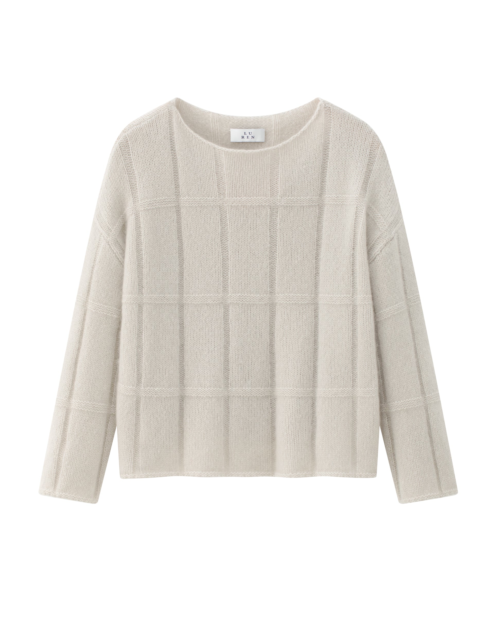 Damen Pullover in royal silver (grau) aus Kaschmir-Seide – mittelschwerer Strick mit grafischem Karomuster, oversized Passform, U-Boot-Ausschnitt, überschnittene Schultern und lange, weite Ärmel.