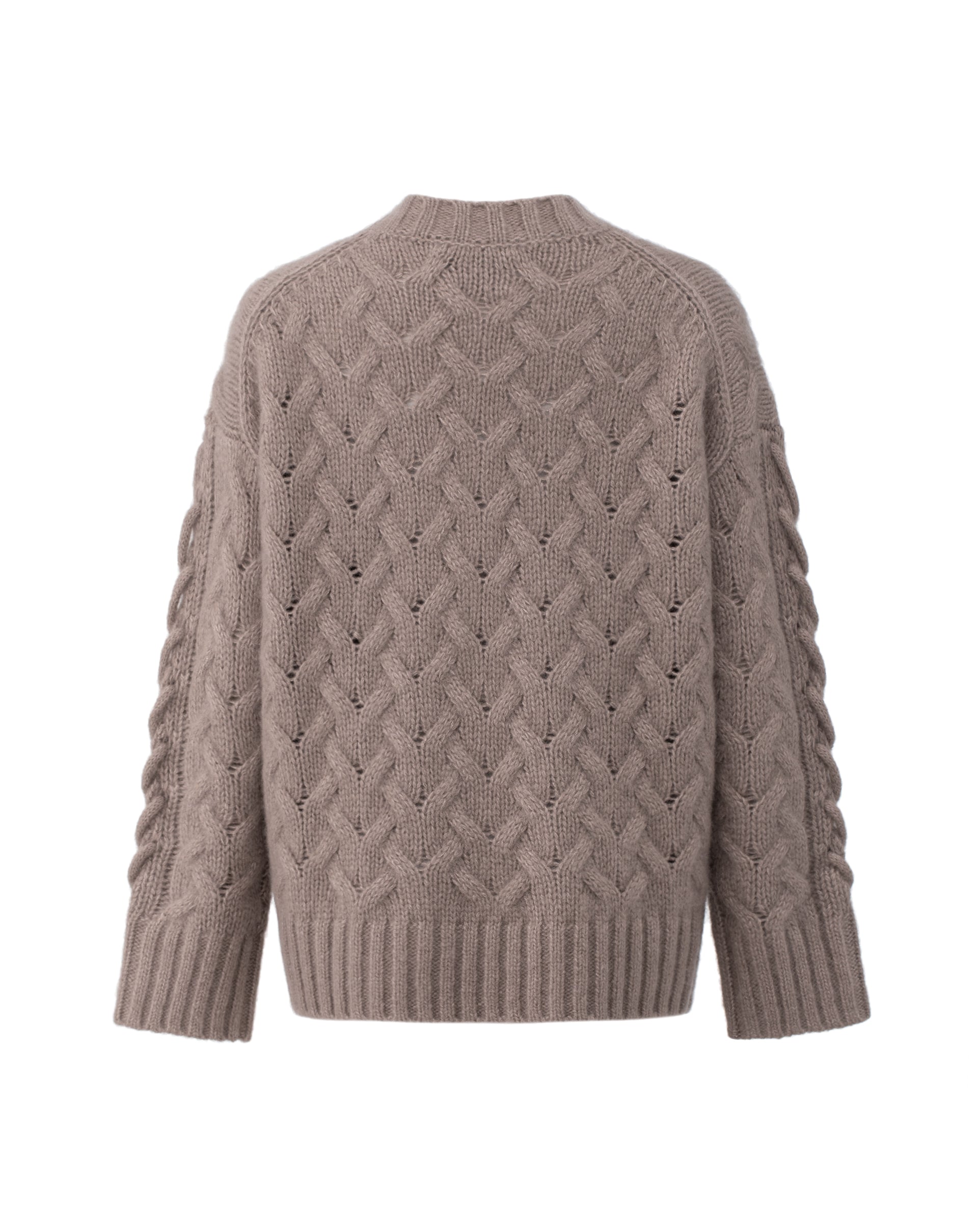 Damen Pullover aus 75 % Kaschmir und 25 % Seide in Natural Twine – Pullover mit Zopfstrickmuster und zusätzlich applizierten 3D-Zöpfen in grober Strickqualität mit relaxter Passform, Rundhalsausschnitt mit Kragen in Rippstruktur, überschnittener Schulter sowie langen, relaxten Ärmeln. Ärmelbündchen und Saum sind in Rippstruktur gearbeitet und unterstreichen den markanten, handwerklichen Charakter des Designs.