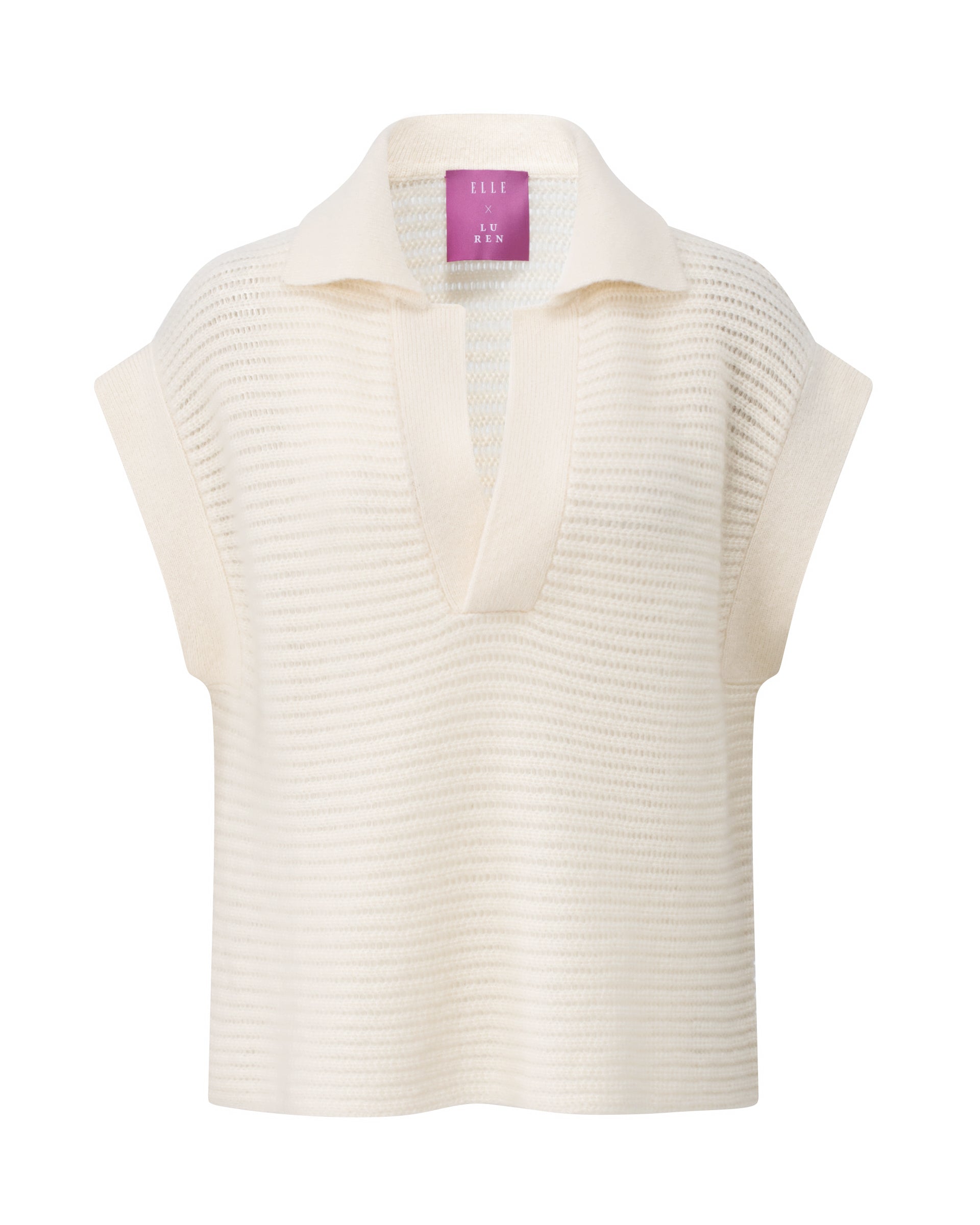 Damen Top in ivory (cremeweiß) aus Kaschmir-Seide – leichter, luftiger Strick mit gestreiftem Lochmuster, relaxte Passform, Polokragen mit breiter Leiste und breite Ärmelabschlüsse.