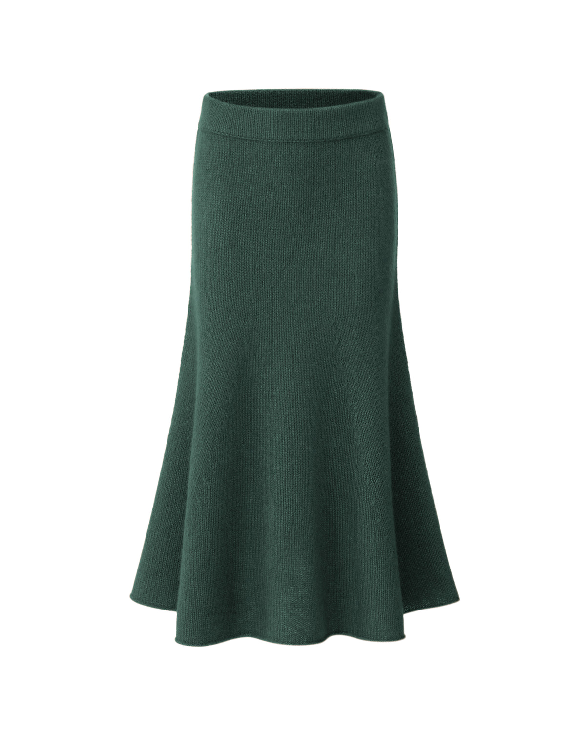 Damen Strickrock aus 75 % Kaschmir und 25 % Seide in Emerald – glatt gestrickter Rock in grober Strickqualität mit figurbetonter A-Linie und Midi-Länge. Das Modell verfügt über einen Taillenbund mit Gummizug und verbindet eine feminine Silhouette mit hohem Tragekomfort.