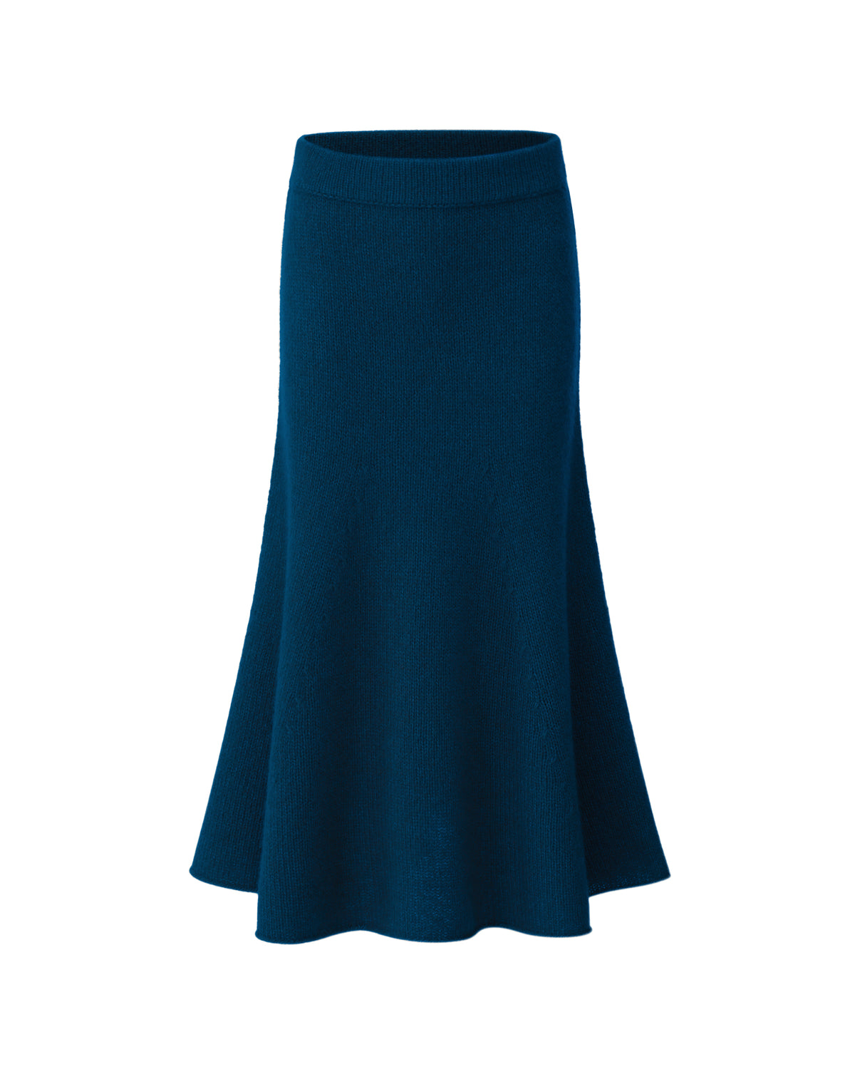 Damen Strickrock aus 75 % Kaschmir und 25 % Seide in Midnight Teal – glatt gestrickter Rock in grober Strickqualität mit figurbetonter A-Linie und Midi-Länge. Das Modell verfügt über einen Taillenbund mit Gummizug und verbindet eine feminine Silhouette mit hohem Tragekomfort.