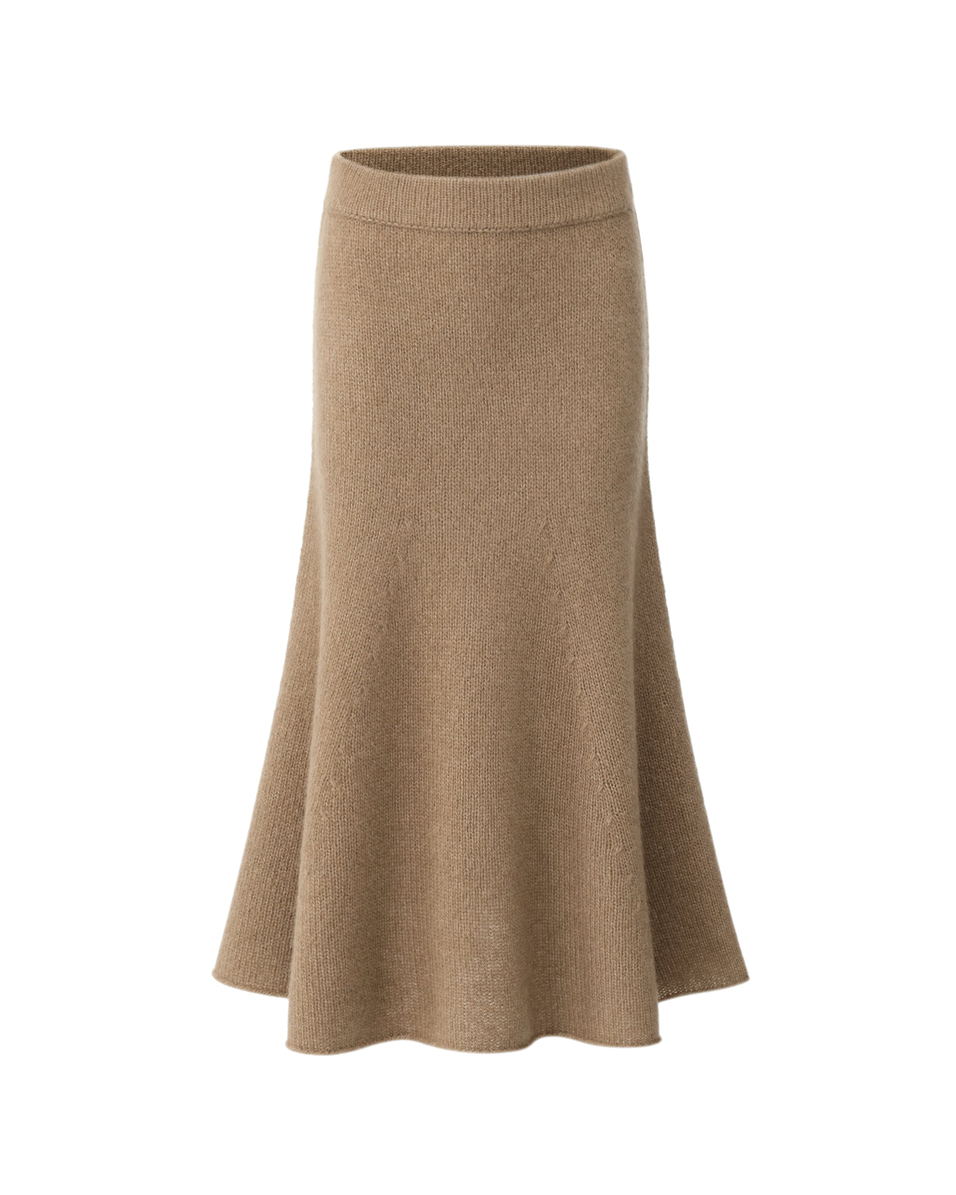 Damen Strickrock aus 75 % Kaschmir und 25 % Seide in Warm Sand – glatt gestrickter Rock in grober Strickqualität mit figurbetonter A-Linie und Midi-Länge. Das Modell verfügt über einen Taillenbund mit Gummizug und verbindet eine feminine Silhouette mit hohem Tragekomfort.