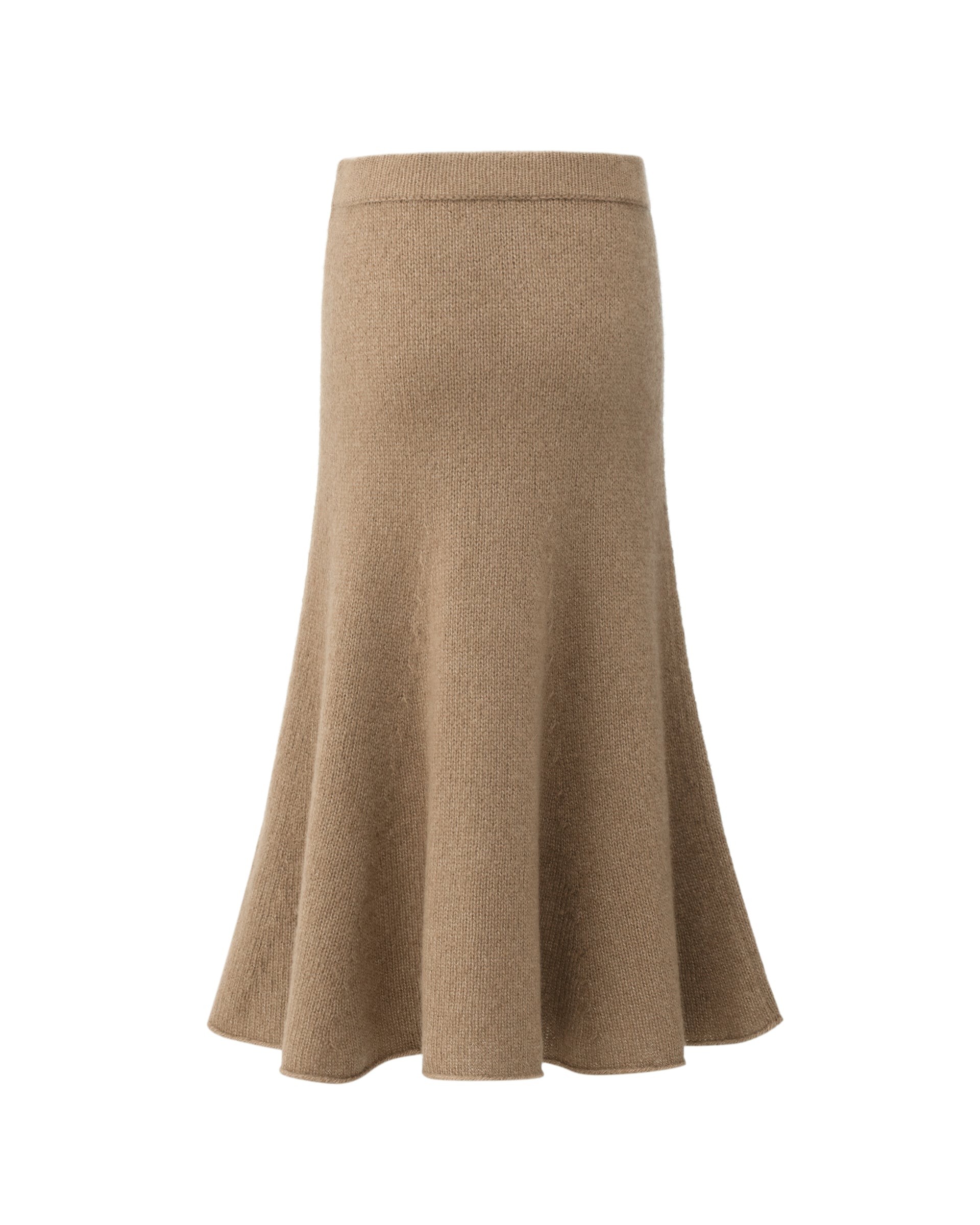 Damen Strickrock aus 75 % Kaschmir und 25 % Seide in Warm Sand – glatt gestrickter Rock in grober Strickqualität mit figurbetonter A-Linie und Midi-Länge. Das Modell verfügt über einen Taillenbund mit Gummizug und verbindet eine feminine Silhouette mit hohem Tragekomfort.