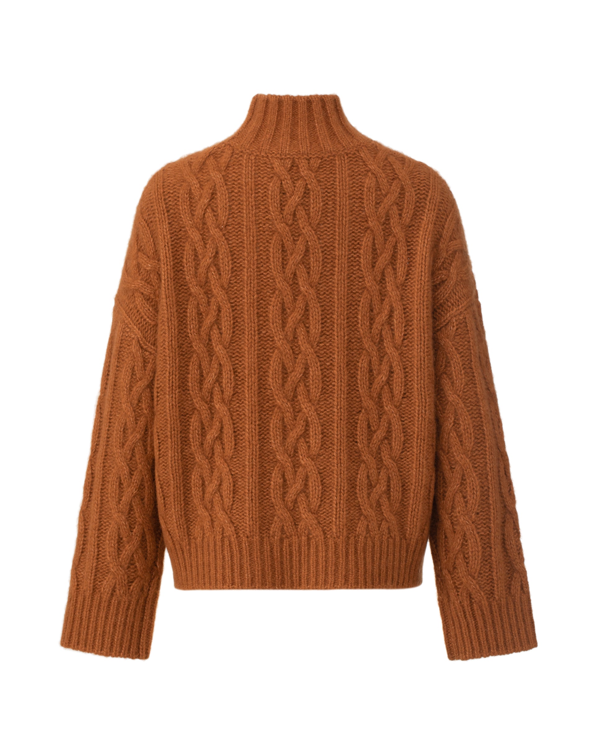 Damen Pullover aus 75 % Kaschmir und 25 % Seide in Bronze – Pullover mit Zopfmuster in grober Strickqualität und oversized Passform, Stehkragen in Rippstruktur, überschnittener Schulter sowie langen, relaxten Ärmeln. Ärmelbündchen und Saum sind in Rippstruktur gearbeitet und verleihen dem Modell einen markanten, zeitlosen Look.