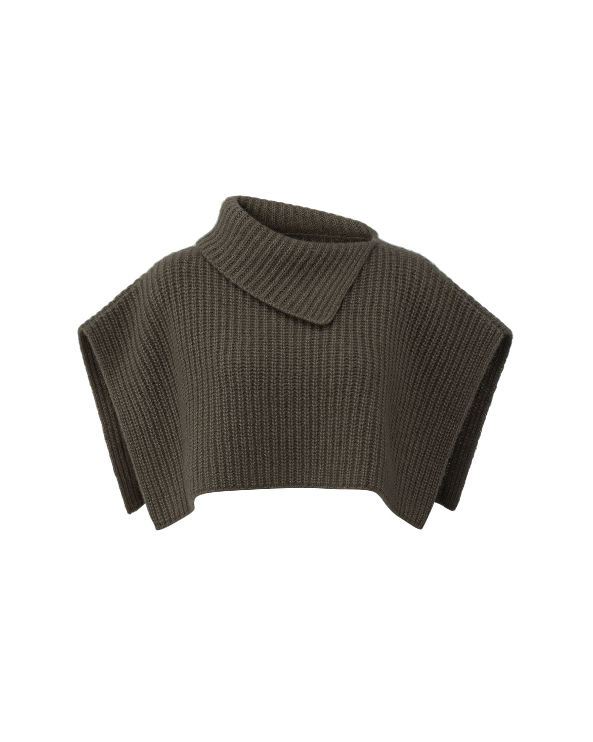 Damen Poncho aus 75% Kaschmir, 25% Seide in Black Forest – Ärmelloser Poncho in verkürzter Schnittform mit asymmetrisch geformtem, breitem, umgelegtem Rippstrickkragen und vertikaler Rippstrickstruktur.