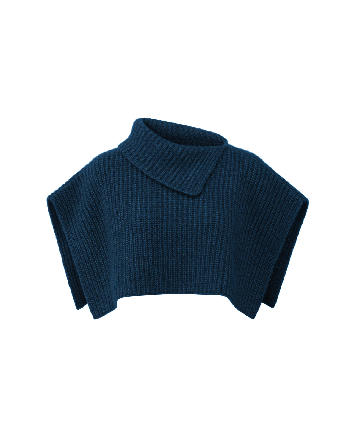 Damen Poncho aus 75% Kaschmir, 25% Seide in Midnight Teal – Ärmelloser Poncho in verkürzter Schnittform mit asymmetrisch geformtem, breitem, umgelegtem Rippstrickkragen und vertikaler Rippstrickstruktur.