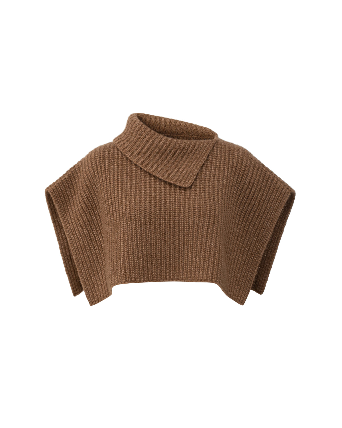 Damen Poncho aus 75% Kaschmir, 25% Seide in Vintage Cocoa – Ärmelloser Poncho in verkürzter Schnittform mit asymmetrisch geformtem, breitem, umgelegtem Rippstrickkragen und vertikaler Rippstrickstruktur.
