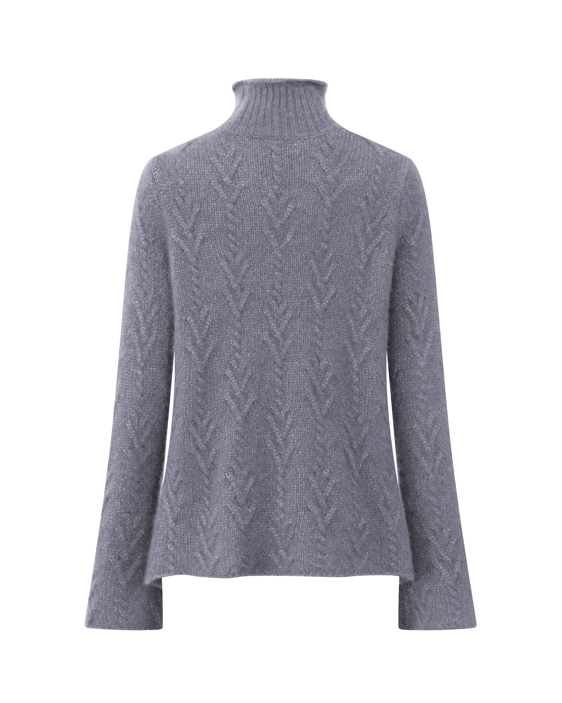 Damen Pullover aus 75 % Kaschmir und 25 % Seide in Blue Mirage – Pullover mit klassischem Zopfmuster in mittelschwerer Qualität und figurbetonter A-Linien-Silhouette. Der schmale, hohe Kragen mit Rollkante sowie die langen, ausgestellten Ärmel verleihen dem Modell eine feminine und elegante Ausstrahlung.