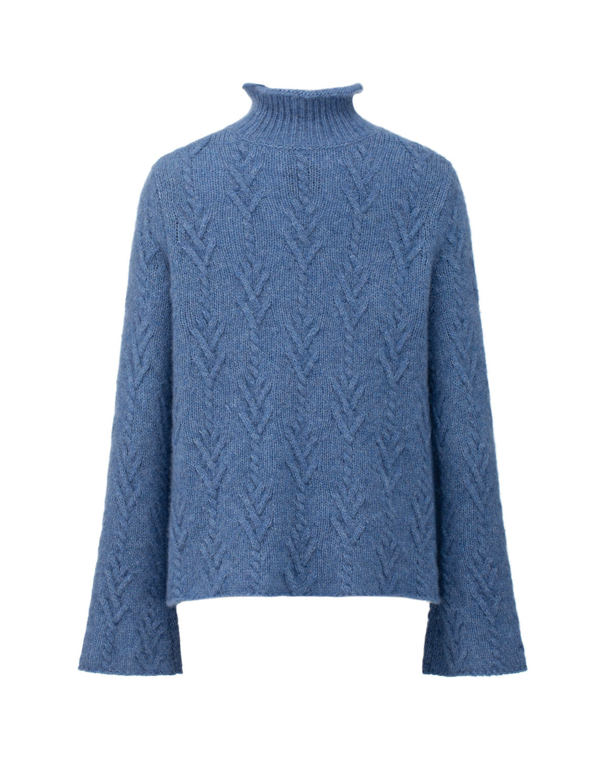 Damen Pullover aus 75 % Kaschmir und 25 % Seide in Denim – Pullover mit klassischem Zopfmuster in mittelschwerer Qualität und figurbetonter A-Linien-Silhouette. Der schmale, hohe Kragen mit Rollkante sowie die langen, ausgestellten Ärmel verleihen dem Modell eine feminine und elegante Ausstrahlung.