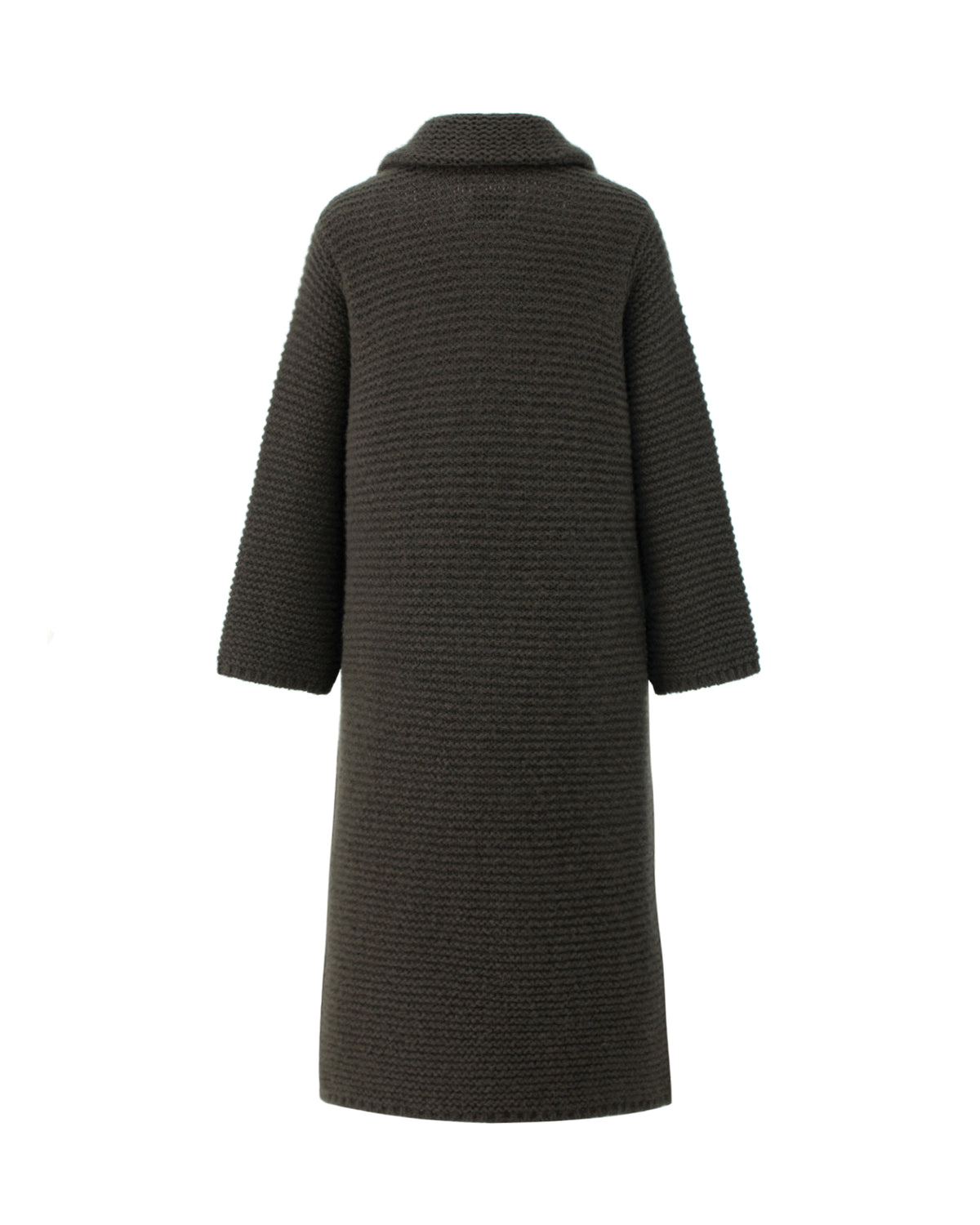 Damen Mantel aus 75% Kaschmir, 25% Seide in Black Forest – Mantel mit breitem, umgelegtem Kragen, verdeckter Knopfleiste mit Druckknöpfen, zwei aufgesetzten Taschen auf Hüfthöhe und strukturierter Strickoberfläche mit horizontal verlaufendem Muster in verlängerter, wadenlanger Schnittform.