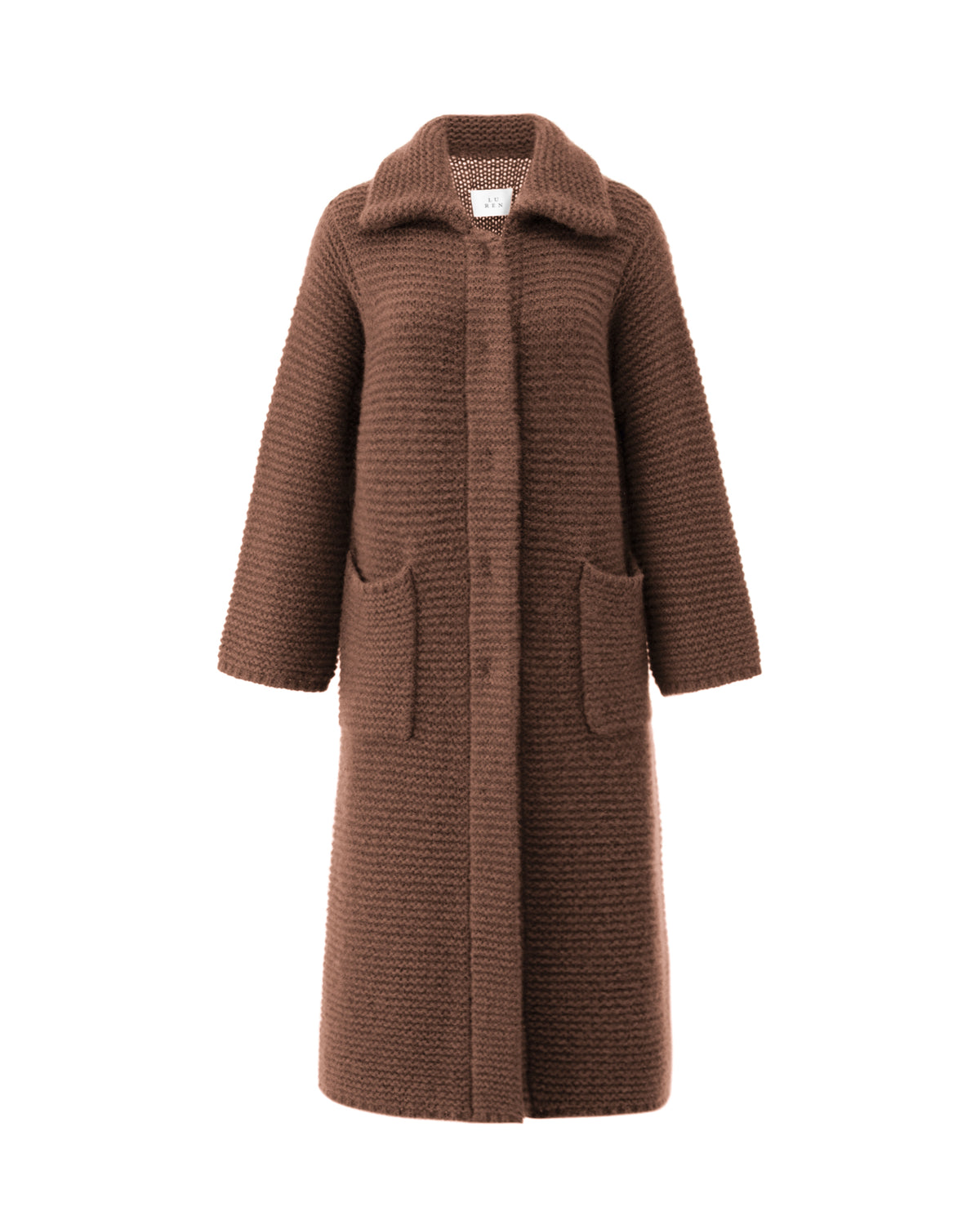 Damen Mantel aus 75% Kaschmir, 25% Seide in Maple – Mantel mit breitem, umgelegtem Kragen, verdeckter Knopfleiste mit Druckknöpfen, zwei aufgesetzten Taschen auf Hüfthöhe und strukturierter Strickoberfläche mit horizontal verlaufendem Muster in verlängerter, wadenlanger Schnittform.