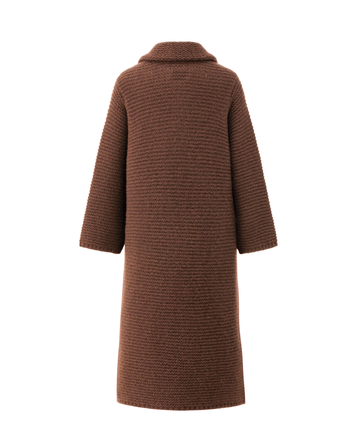 Damen Mantel aus 75% Kaschmir, 25% Seide in Maple – Mantel mit breitem, umgelegtem Kragen, verdeckter Knopfleiste mit Druckknöpfen, zwei aufgesetzten Taschen auf Hüfthöhe und strukturierter Strickoberfläche mit horizontal verlaufendem Muster in verlängerter, wadenlanger Schnittform.