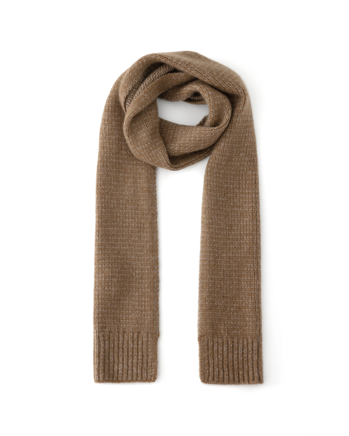 Schal aus 75% Kaschmir, 25% Seide in Cocoa Twine – Glatt gestrickter Schal mit Saumabschluss in Rippstruktur.