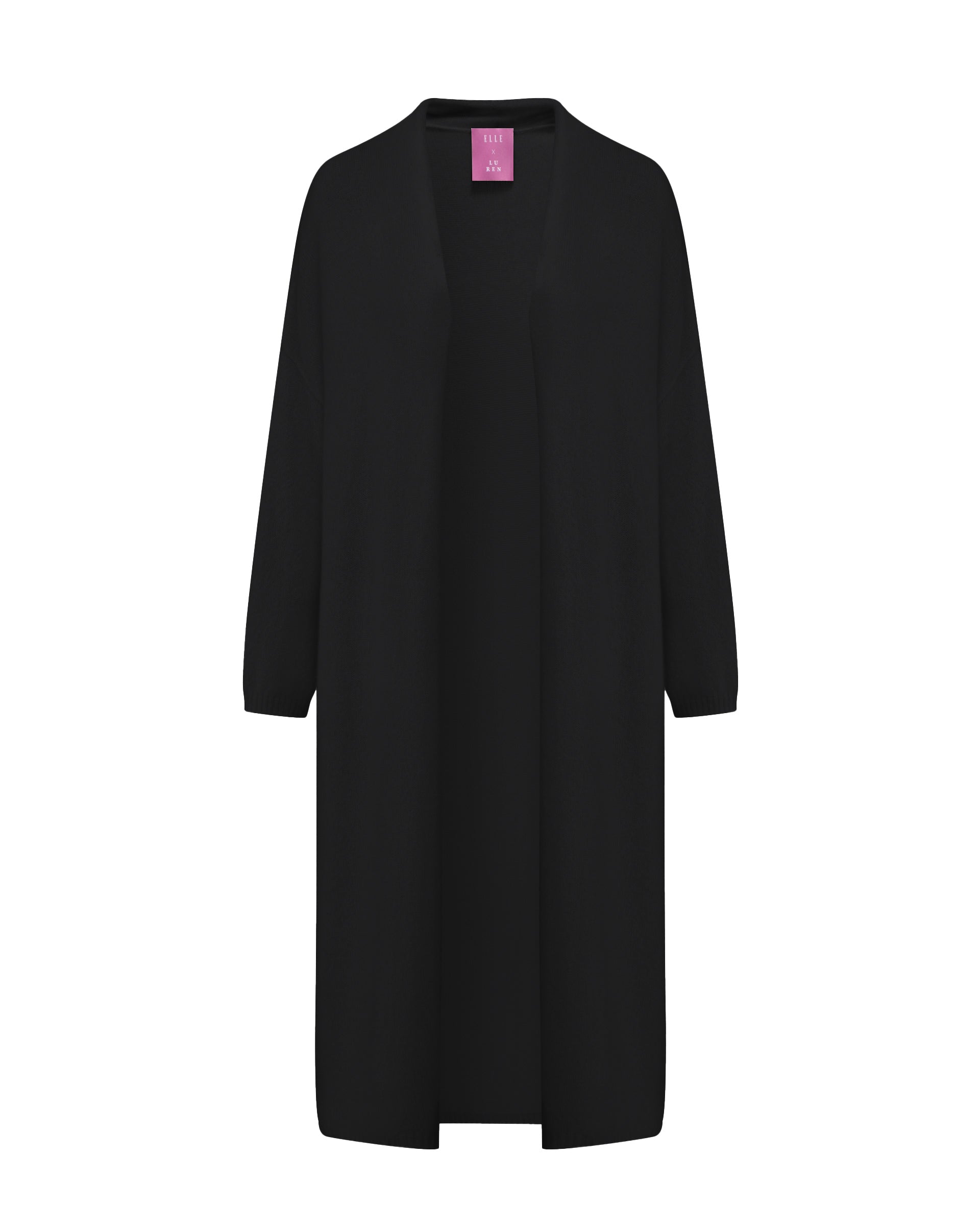 Damen Strickmantel in black (schwarz) aus Kaschmir-Seide – glatt und leicht gestrickt, relaxte Passform, überschnittene Schultern, lange relaxte Ärmel mit Rippbündchen, Saum in Rippstruktur und langer Gürtel.