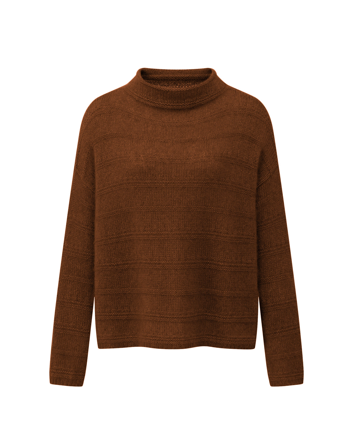 Damen Pullover aus 75 % Kaschmir und 25 % Seide in Chocolate Cremoso – glatt und links gestrickter Pullover mit Streifenmuster in mittelschwerer Qualität und oversized Passform. Das Modell verfügt über einen Stehkragen, eine überschnittene Schulter sowie lange, schmale Ärmel und überzeugt mit einer modernen, entspannten Silhouette.
