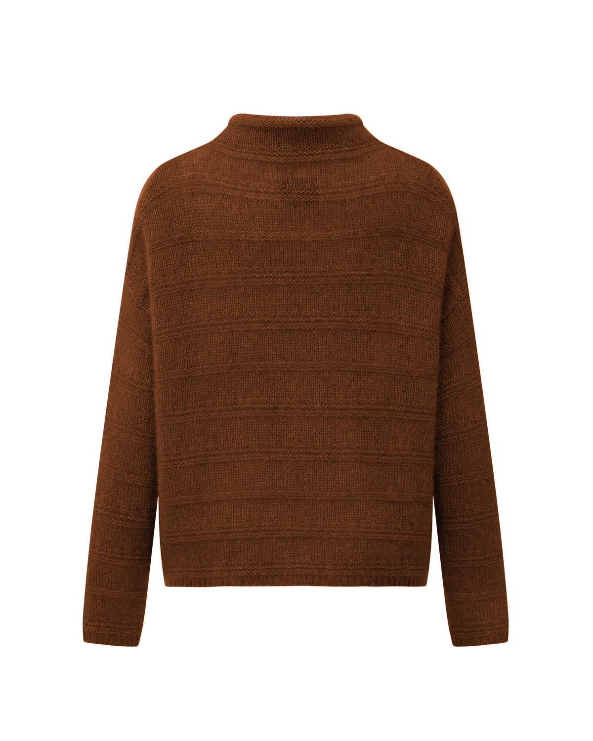 Damen Pullover aus 75 % Kaschmir und 25 % Seide in Chocolate Cremoso – glatt und links gestrickter Pullover mit Streifenmuster in mittelschwerer Qualität und oversized Passform. Das Modell verfügt über einen Stehkragen, eine überschnittene Schulter sowie lange, schmale Ärmel und überzeugt mit einer modernen, entspannten Silhouette.