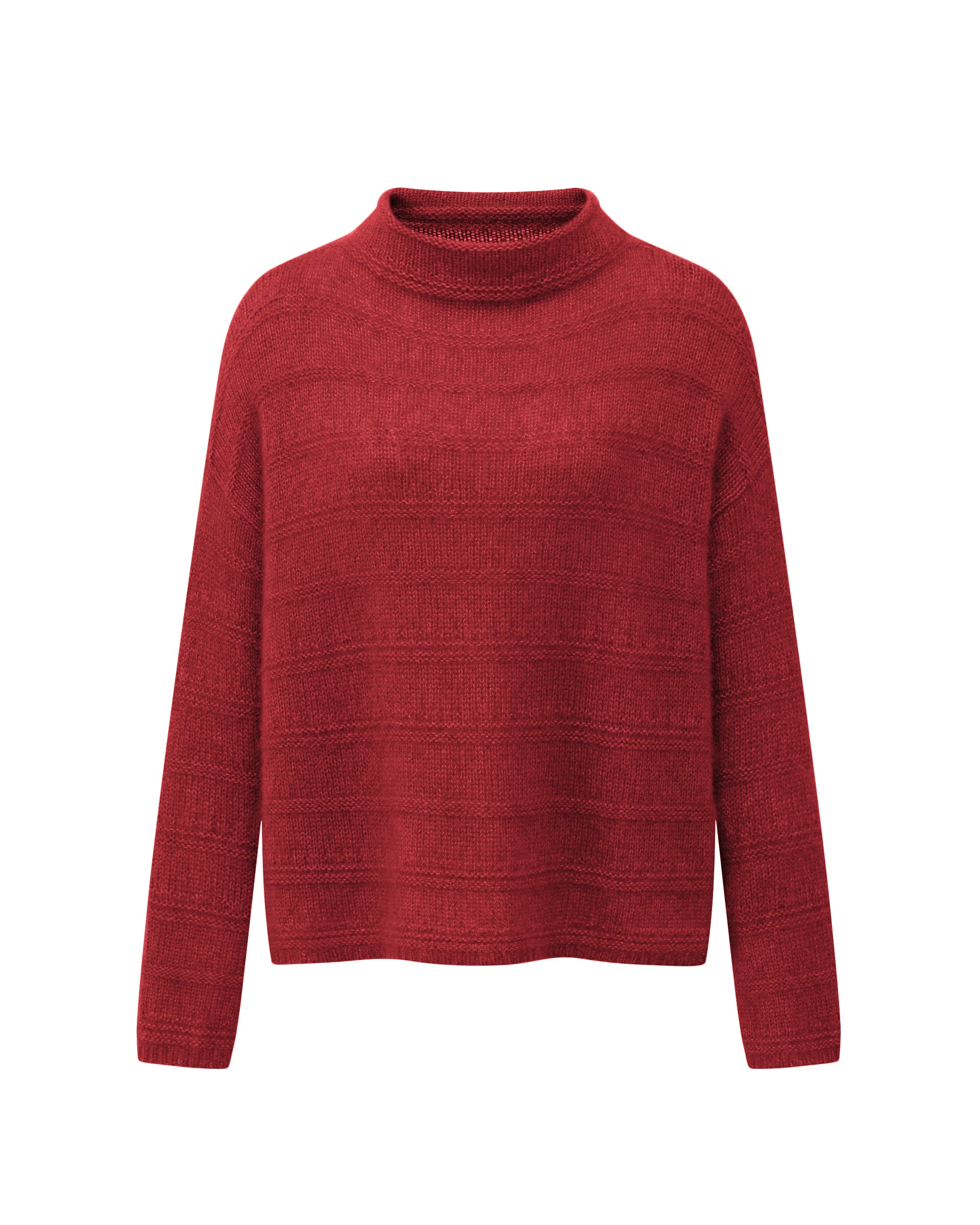 Damen Pullover aus 75 % Kaschmir und 25 % Seide in Royal Garnet – glatt und links gestrickter Pullover mit Streifenmuster in mittelschwerer Qualität und oversized Passform. Das Modell verfügt über einen Stehkragen, eine überschnittene Schulter sowie lange, schmale Ärmel und überzeugt mit einer modernen, entspannten Silhouette.