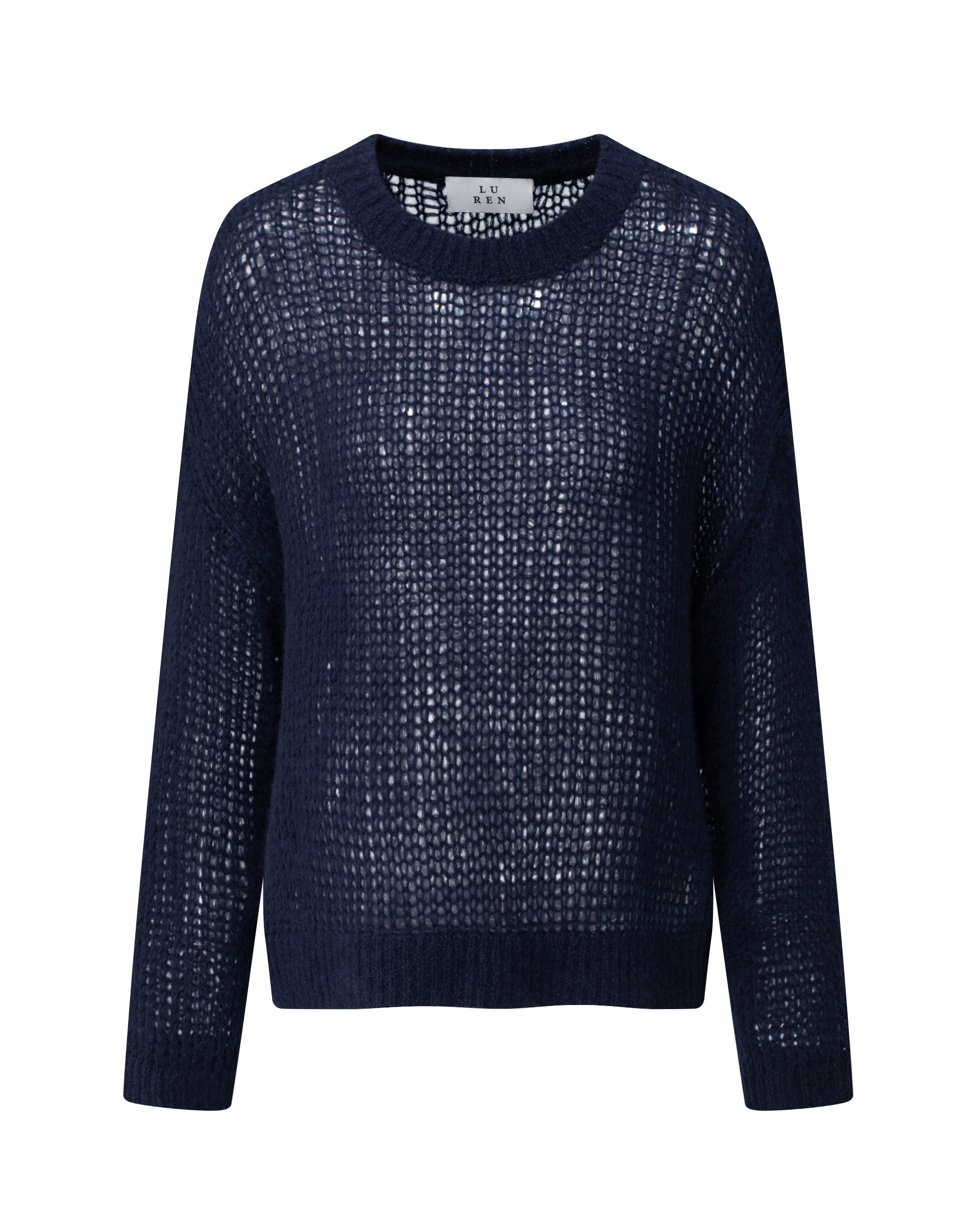 Damen Pullover in french navy (dunkelblau) aus Kaschmir-Seide – grob und locker gestrickt, transparent, oversized Passform, Rundhalsausschnitt mit Rippkragen, überschnittene Schultern, lange weite Ärmel und Rippbündchen an Ärmeln und Saum