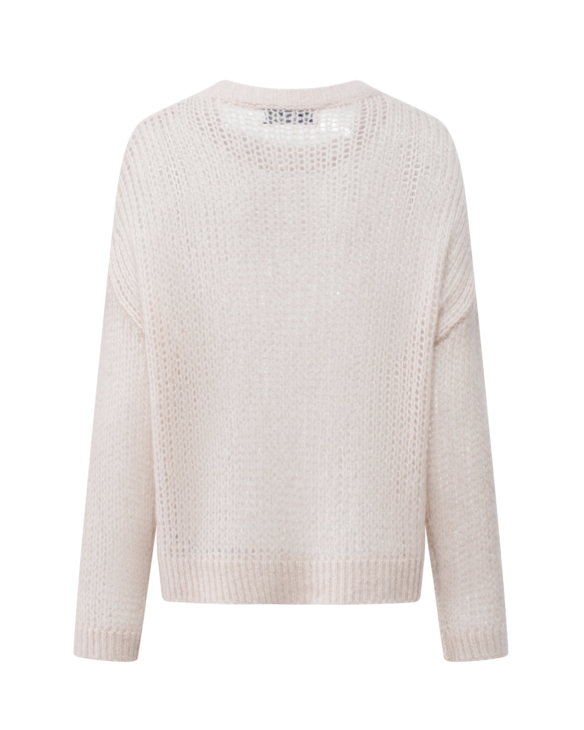 Damen Pullover in misty pink (rosa) aus Kaschmir-Seide – grob und locker gestrickt, transparent, oversized Passform, Rundhalsausschnitt mit Rippkragen, überschnittene Schultern, lange weite Ärmel und Rippbündchen an Ärmeln und Saum