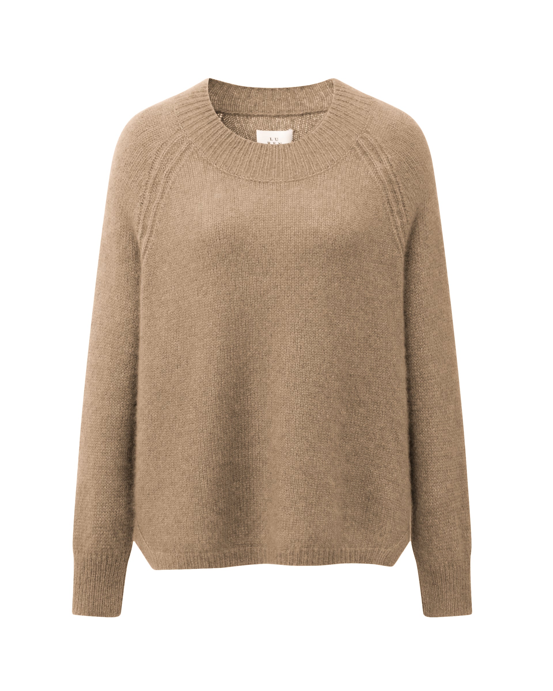 Damen Pullover aus 75 % Kaschmir und 25 % Seide in Warm Sand – glatt und locker gestrickter Pullover in mittelschwerer Qualität mit locker fallender Passform, Rundhalsausschnitt mit breitem Kragen in Rippstruktur, Raglanärmeln sowie langen, relaxten Ärmeln. Saum und Ärmelbündchen sind in Rippstruktur gearbeitet. Schlitze an den Seiten verleihen dem Modell eine moderne, lässige Silhouette.