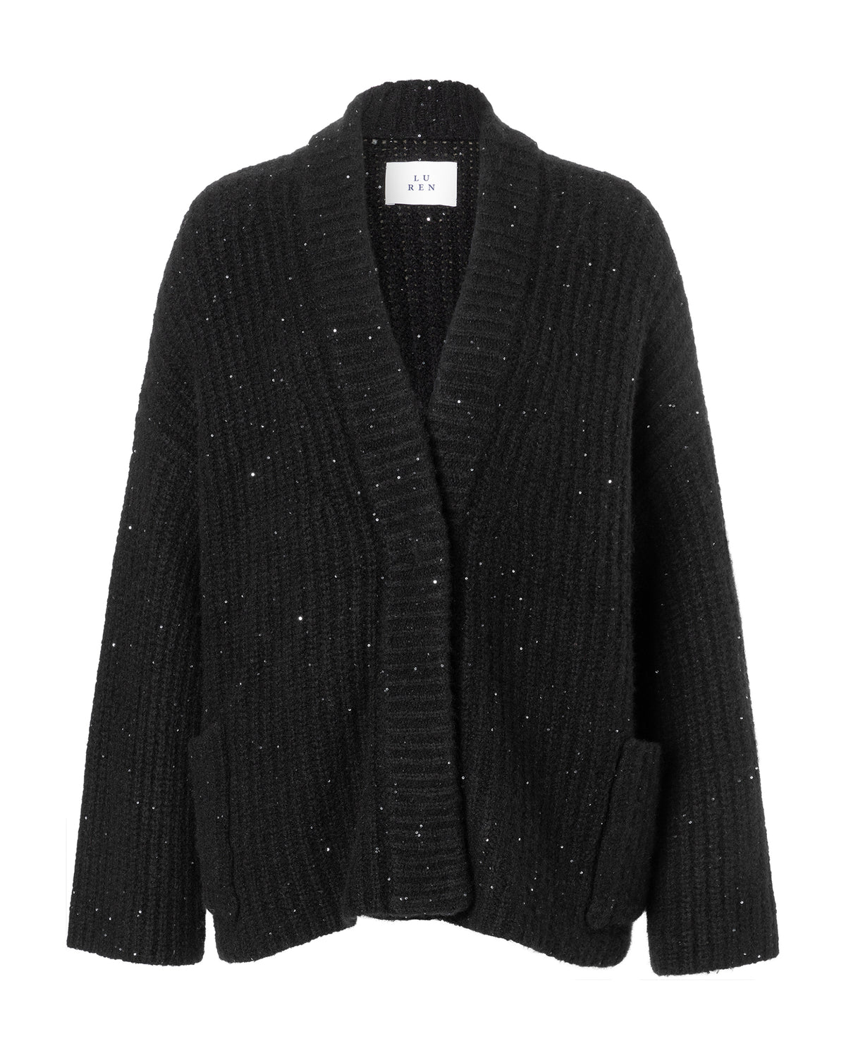 Damen Cardigan aus 56% Kaschmir, 28% Baumwolle, 12% Polyamid, 2% Pailletten, 2% Elastan in Black – Cardigan mit verdeckter Knopfleiste, eingearbeiteten Pailletten und langen, relaxten Ärmeln.