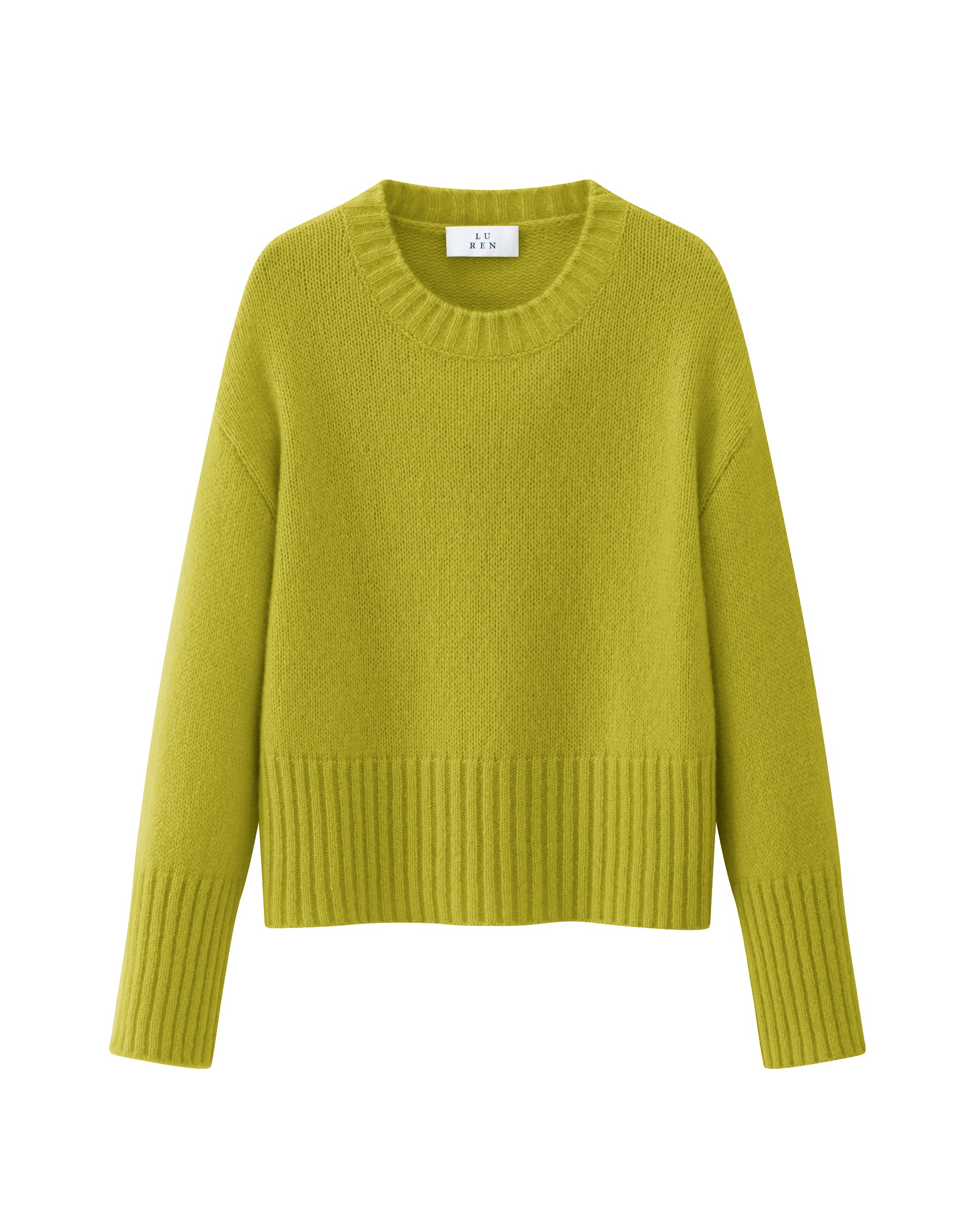 Damen Pullover in petri (grün) aus Kaschmir-Seide – mittelschwerer Strick mit kurzer, breiter Passform, Rundhalsausschnitt und relaxten Ärmeln