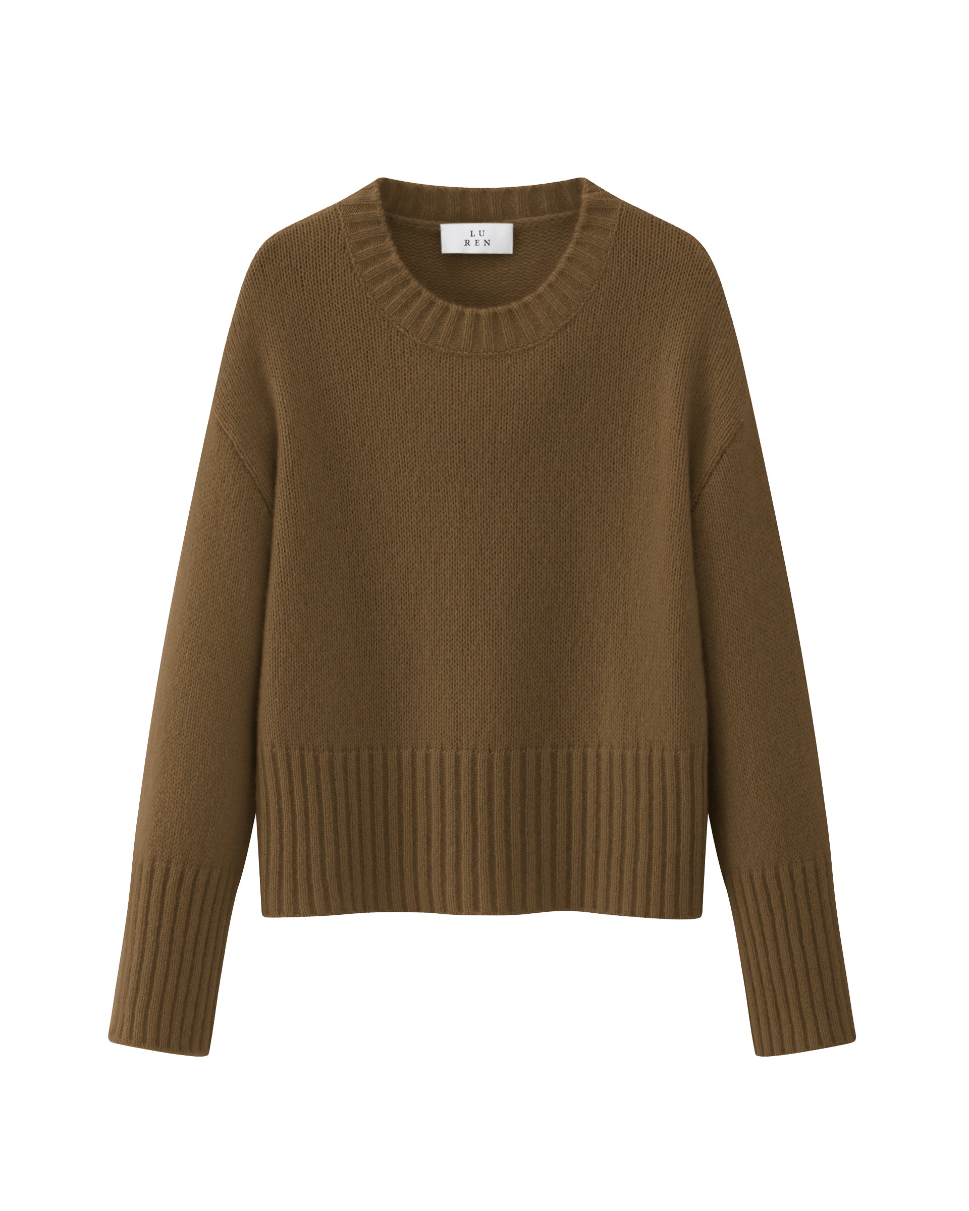 Damen Pullover in tapenade (grün) aus Kaschmir-Seide – mittelschwerer Strick mit kurzer, breiter Passform, Rundhalsausschnitt und relaxten Ärmeln